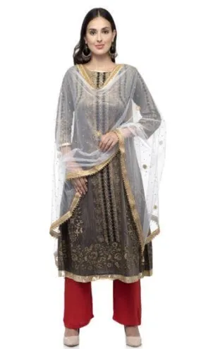 A R Silk Women's Net Net Chandna Handwork With Moti Laish Cream Fancy Dupatta