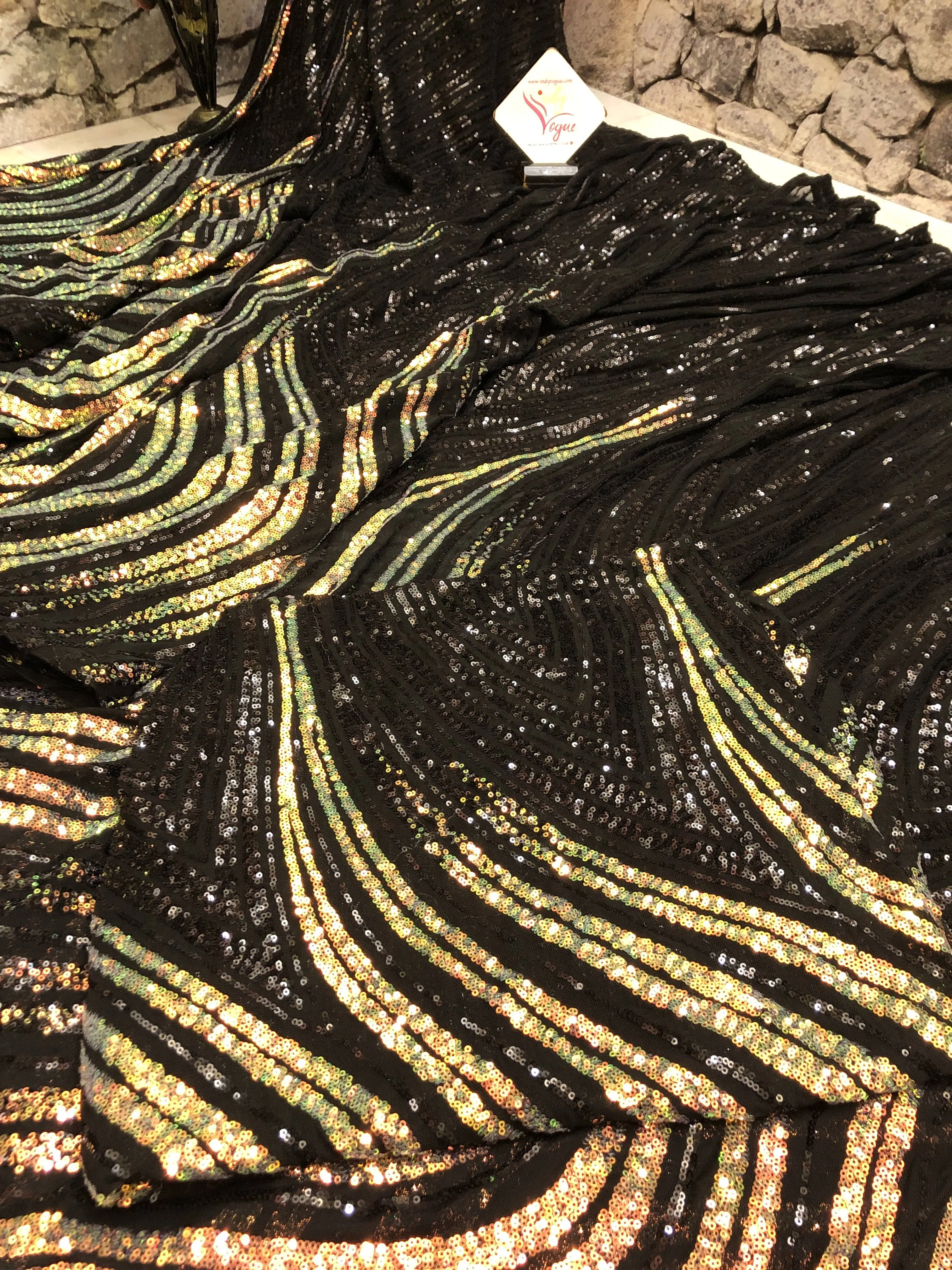 Black and Golden Color Designer Net Saree with Sequin Work Allover