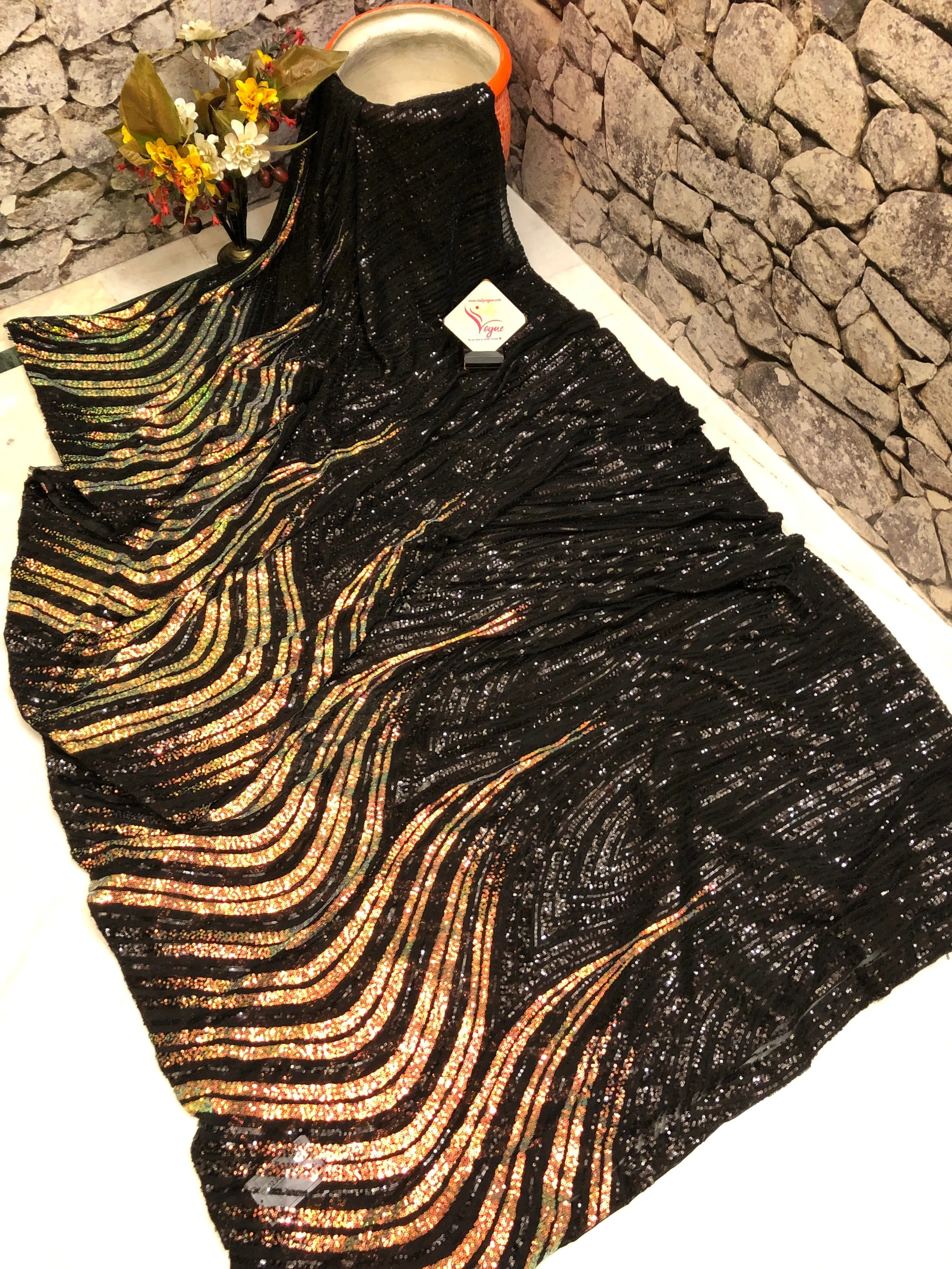 Black and Golden Color Designer Net Saree with Sequin Work Allover