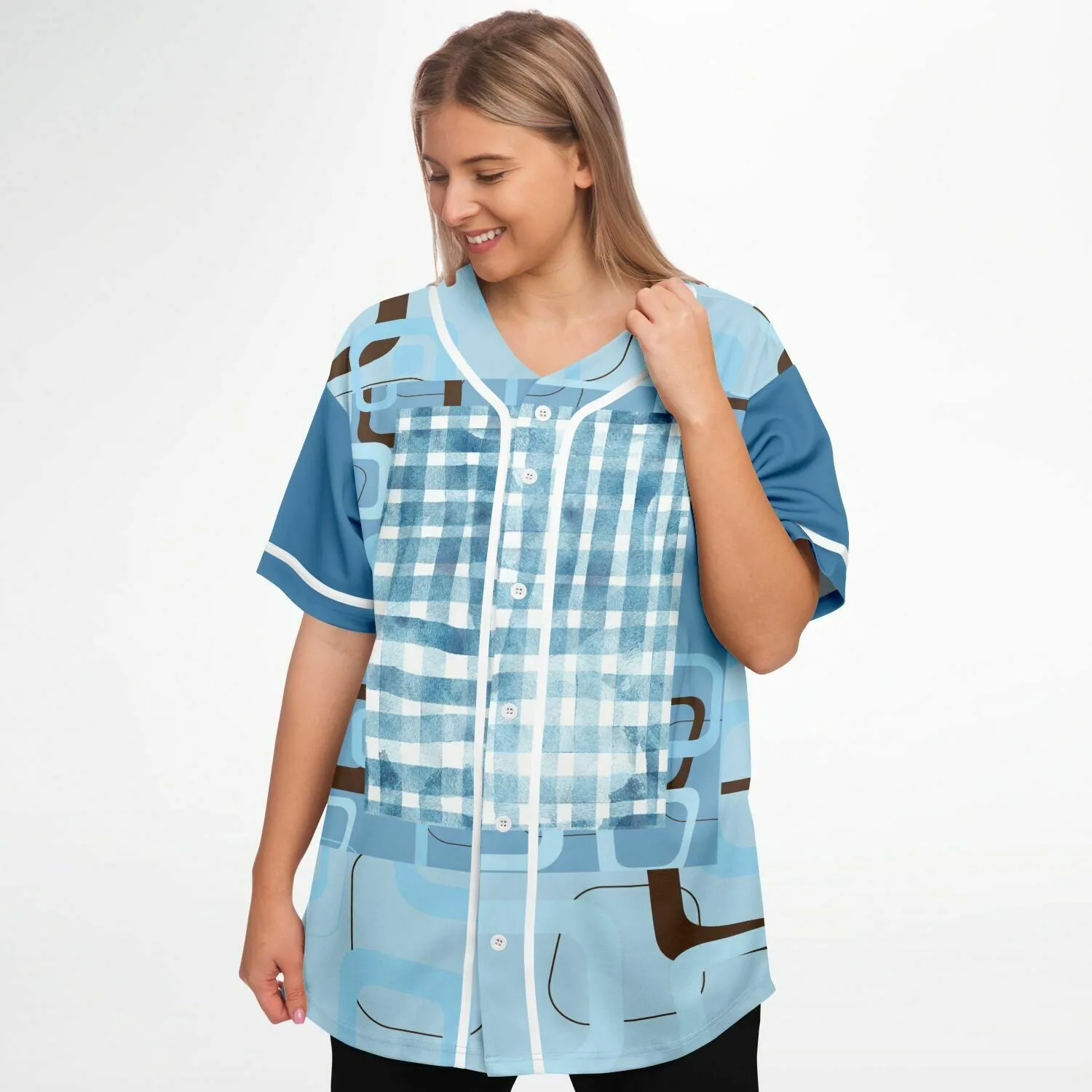 Blue Geo Patchwork Plaid Baseball Jersey