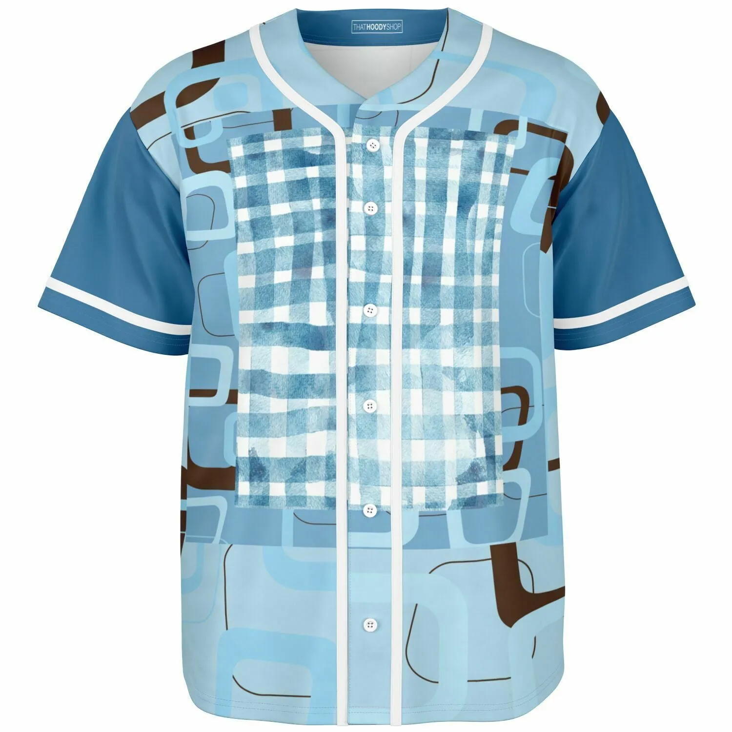 Blue Geo Patchwork Plaid Baseball Jersey