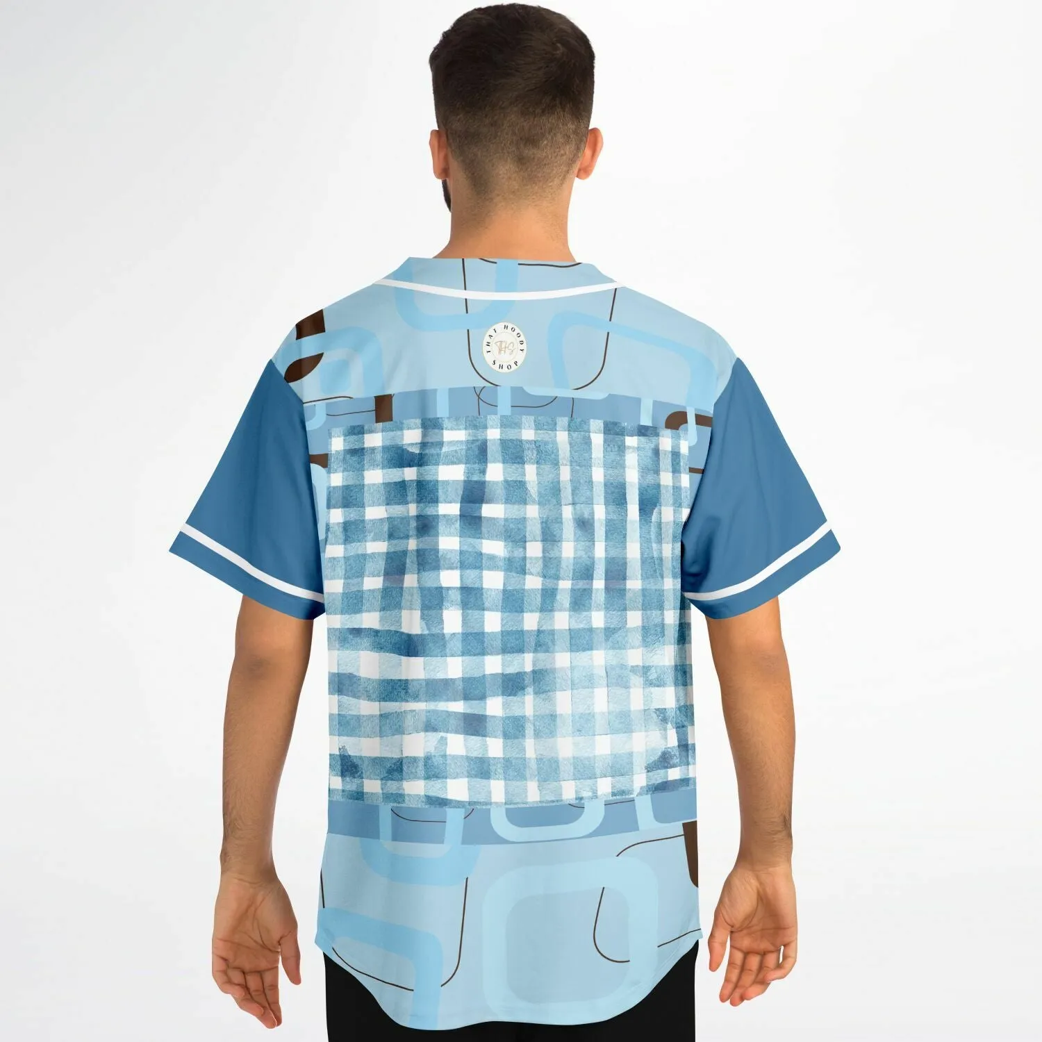 Blue Geo Patchwork Plaid Baseball Jersey