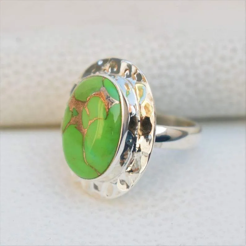 Boho Green Copper Turquoise 925 Sterling Silver Ring, Handcrafted Jewelry, Women's Gift