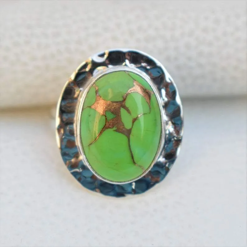 Boho Green Copper Turquoise 925 Sterling Silver Ring, Handcrafted Jewelry, Women's Gift