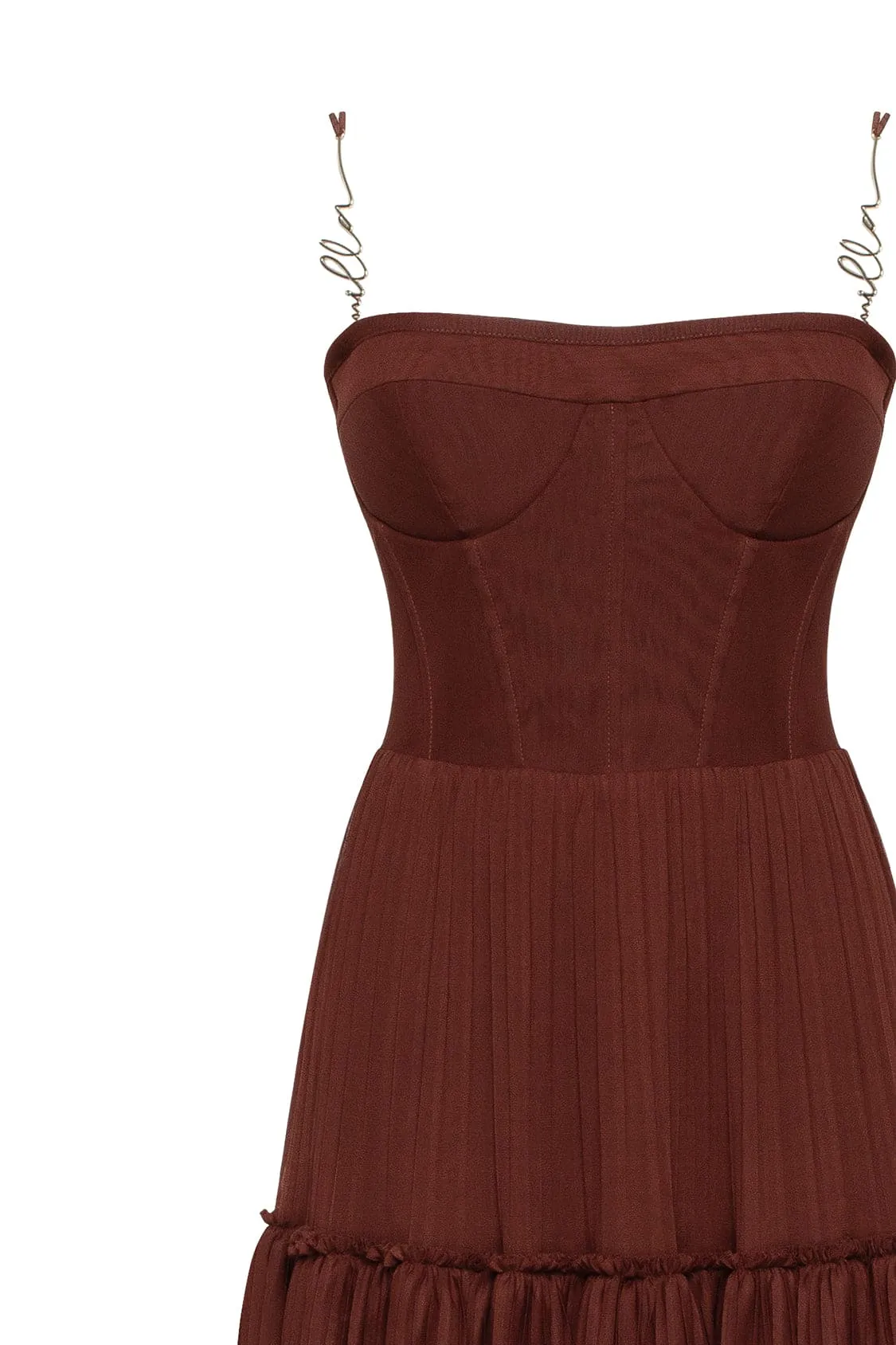 Chocolate spaghetti strap pleated maxi dress, Garden of Eden