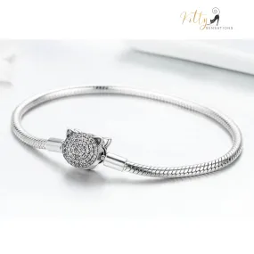 Cubic Zirconia Kitty Face Bracelet (Fine Jewelry) - Solid 925 Sterling Silver, Platinum Plated