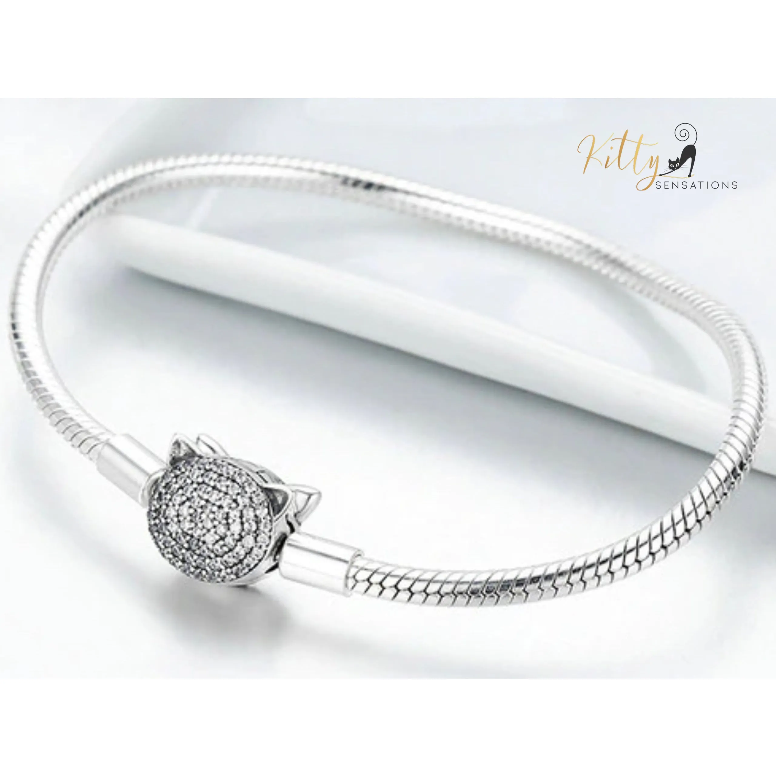 Cubic Zirconia Kitty Face Bracelet (Fine Jewelry) - Solid 925 Sterling Silver, Platinum Plated