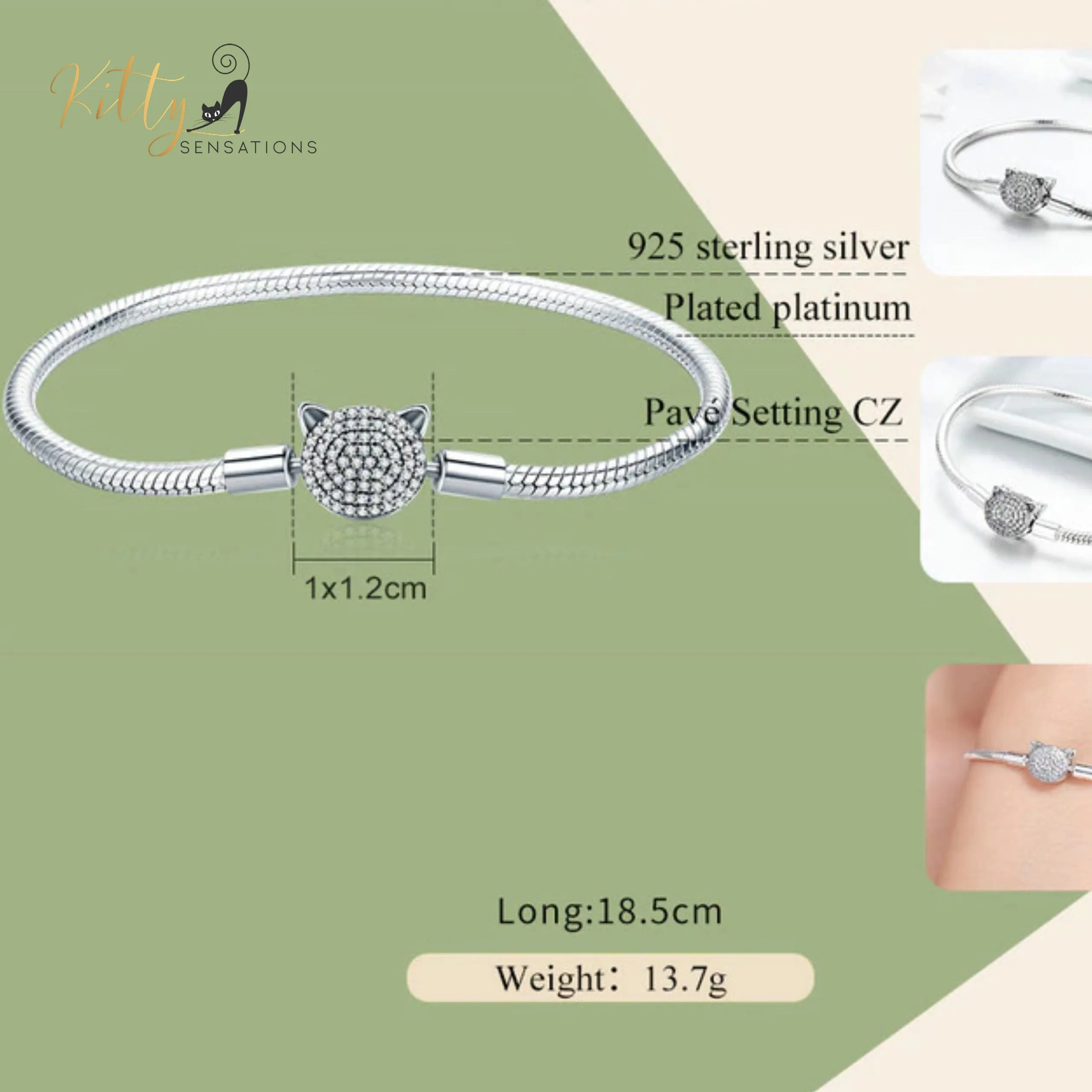 Cubic Zirconia Kitty Face Bracelet (Fine Jewelry) - Solid 925 Sterling Silver, Platinum Plated