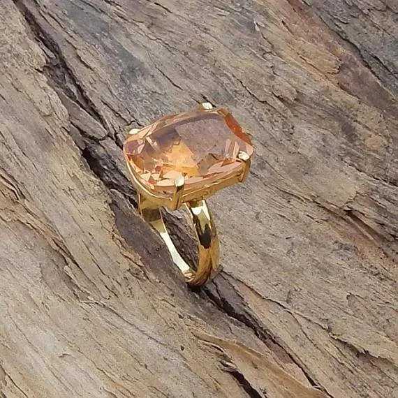 Cushion Cut Morganite Gemstone 925 Sterling Silver Ring, 22K Yellow Gold Filled, 22K Rose Gold Filled Ring