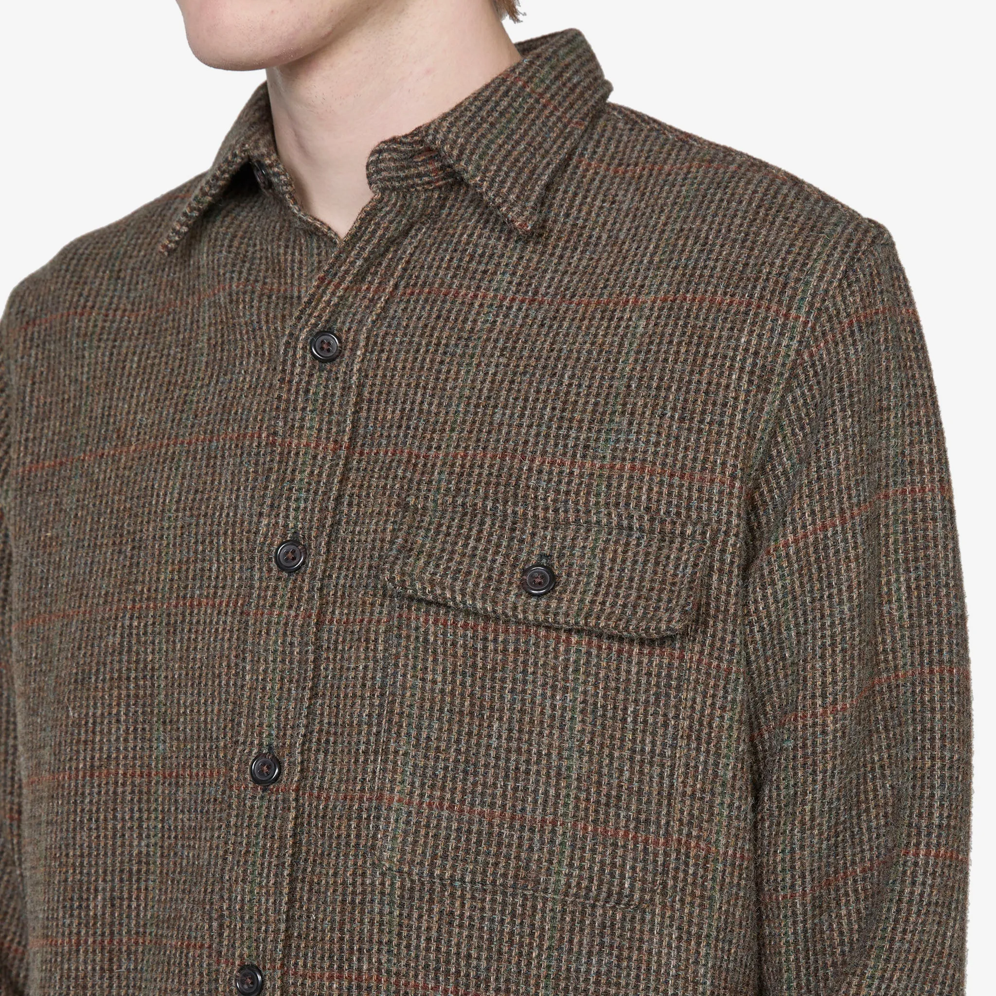 Custom Fit Suede-Patch Plaid Wool Shirt 6184 Brown | Loden Multi