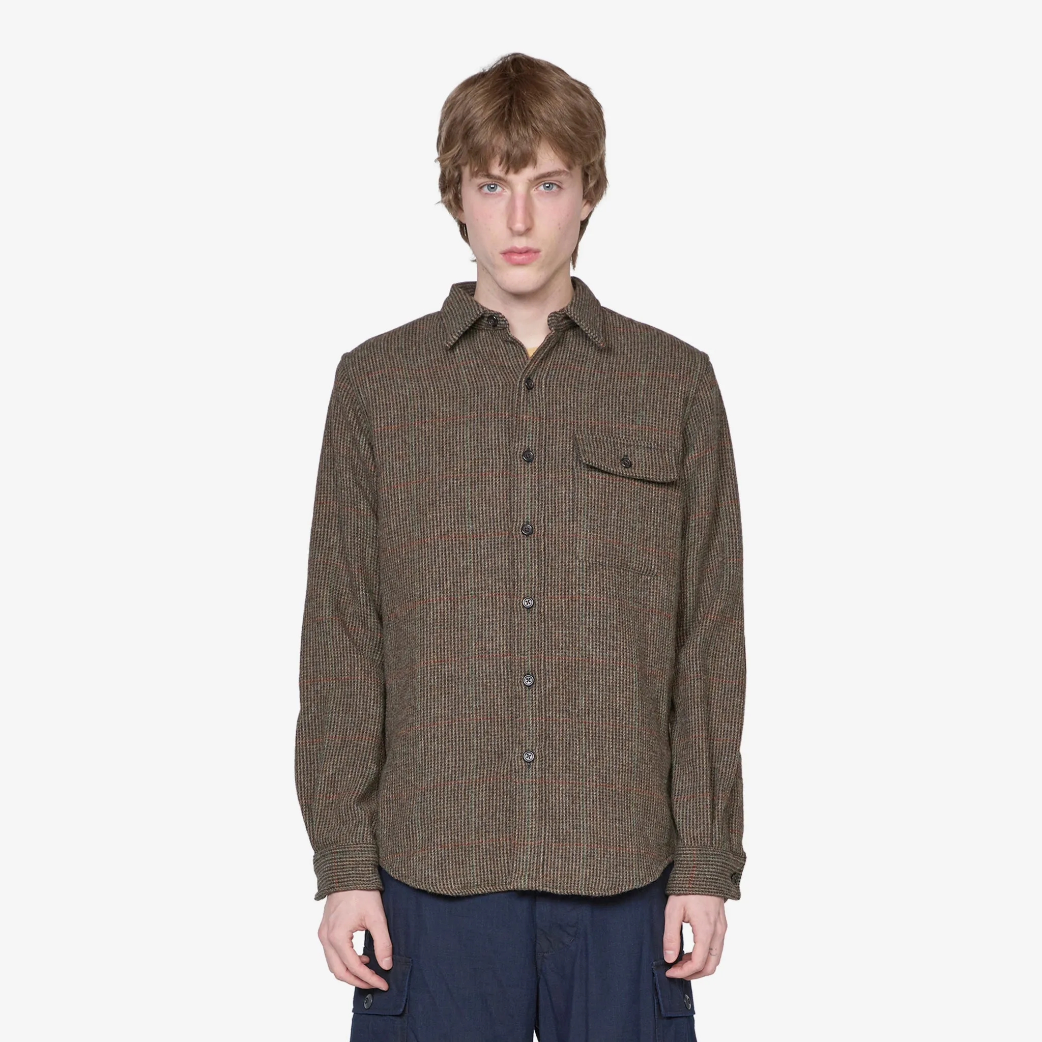 Custom Fit Suede-Patch Plaid Wool Shirt 6184 Brown | Loden Multi