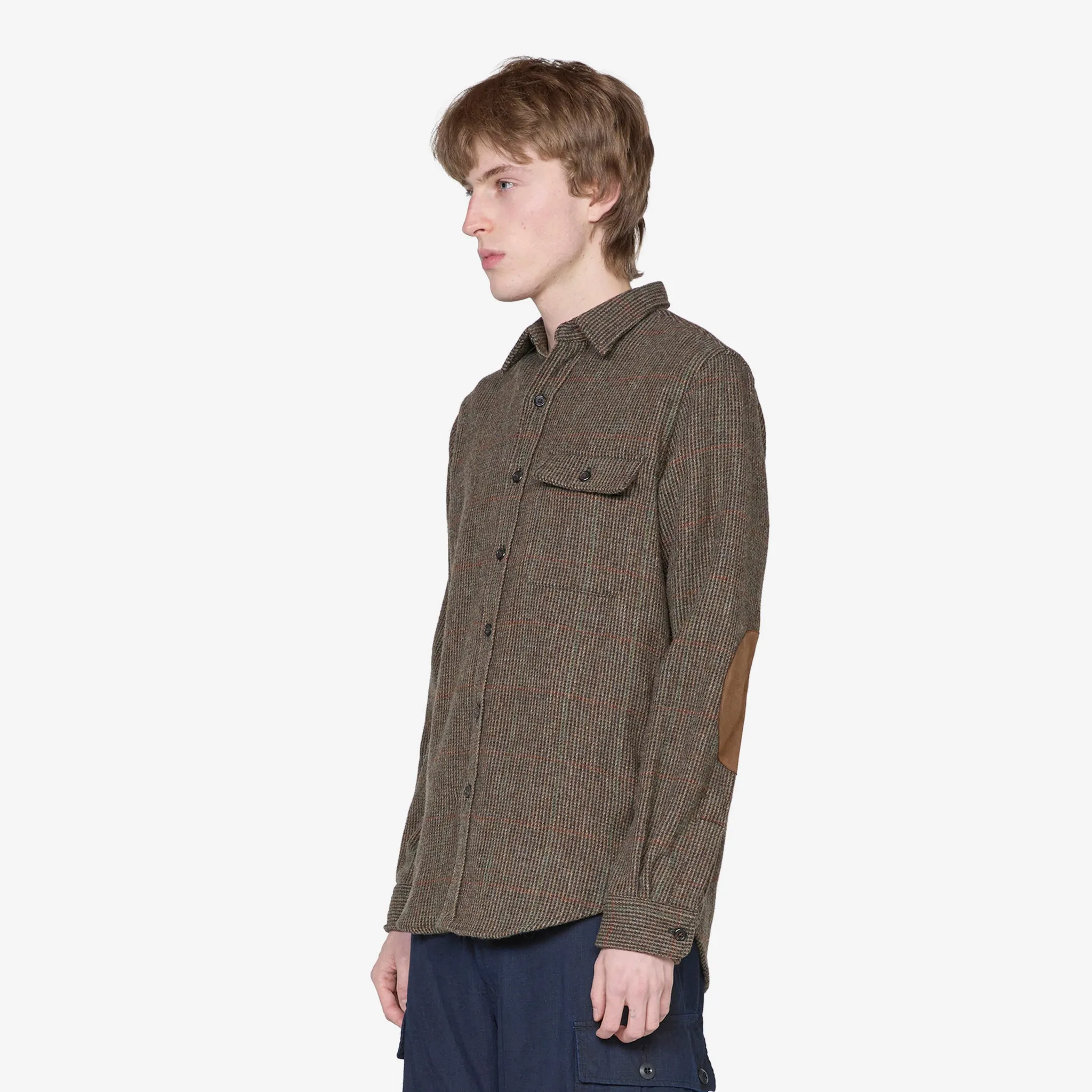 Custom Fit Suede-Patch Plaid Wool Shirt 6184 Brown | Loden Multi