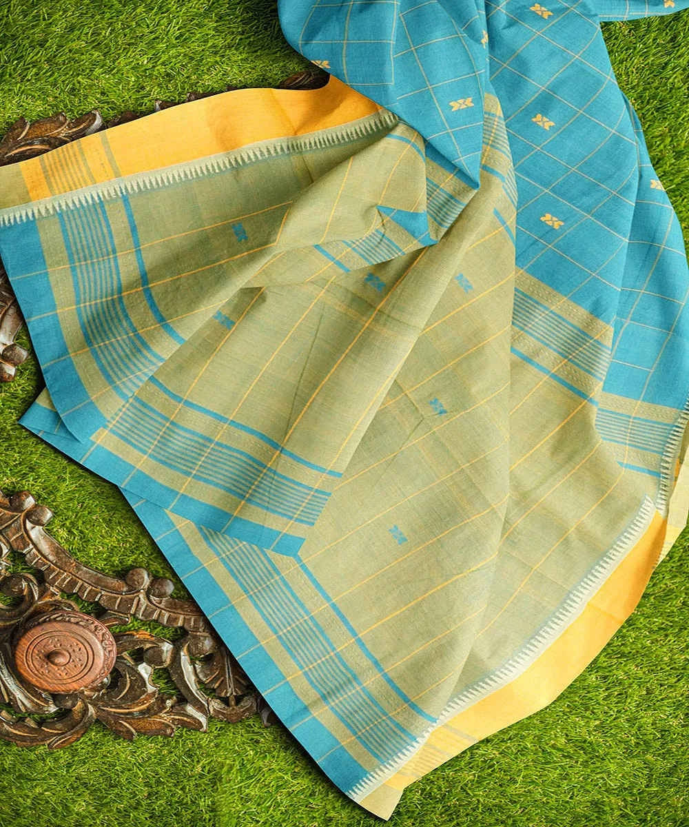 Cyan blue checks butta handwoven rajahmundry cotton saree