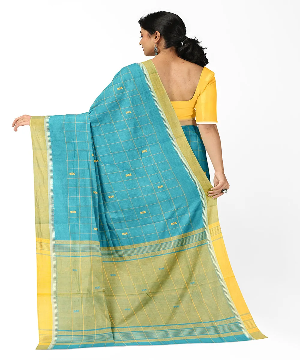 Cyan blue checks butta handwoven rajahmundry cotton saree