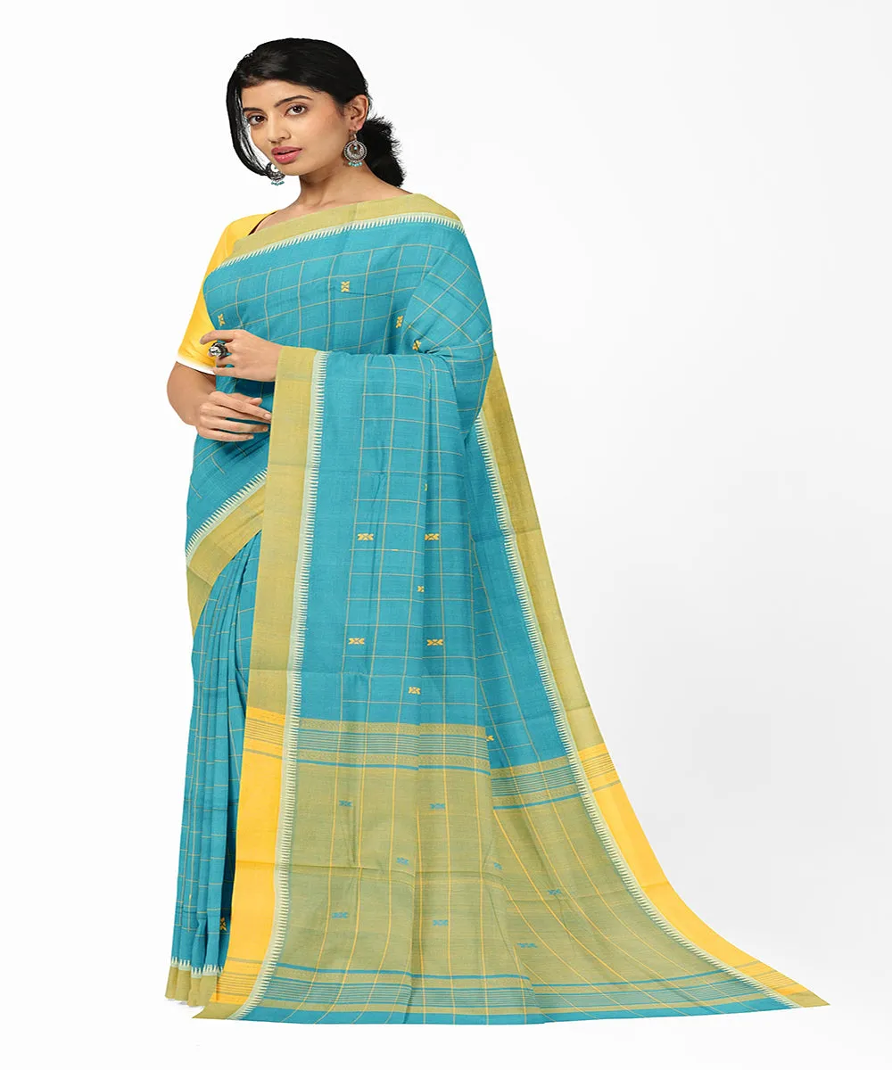 Cyan blue checks butta handwoven rajahmundry cotton saree