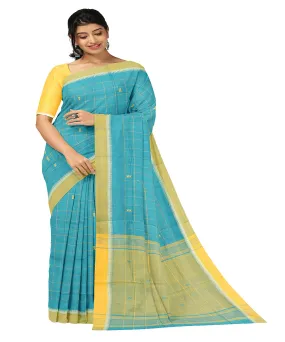 Cyan blue checks butta handwoven rajahmundry cotton saree