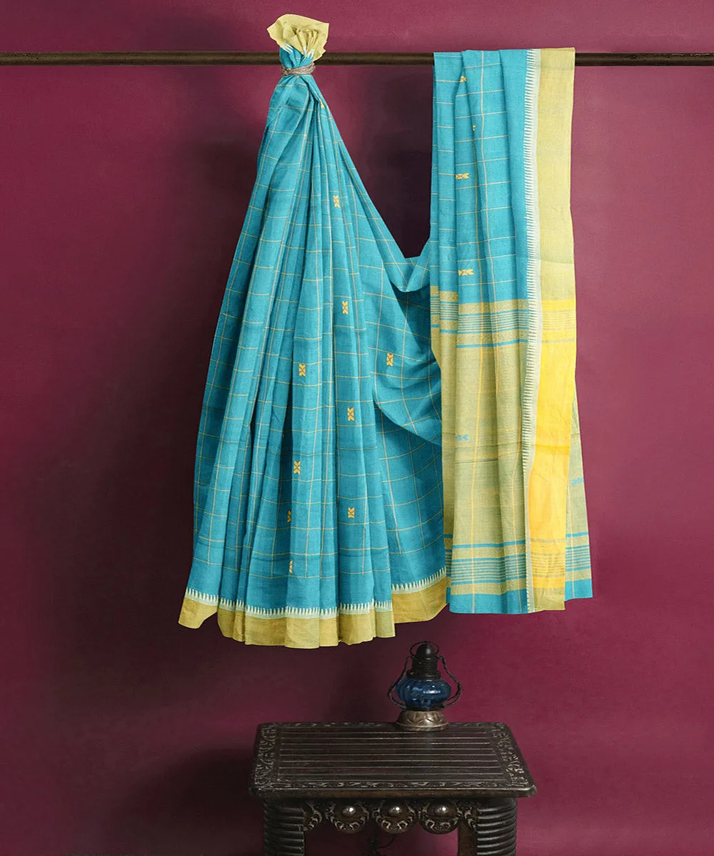 Cyan blue checks butta handwoven rajahmundry cotton saree