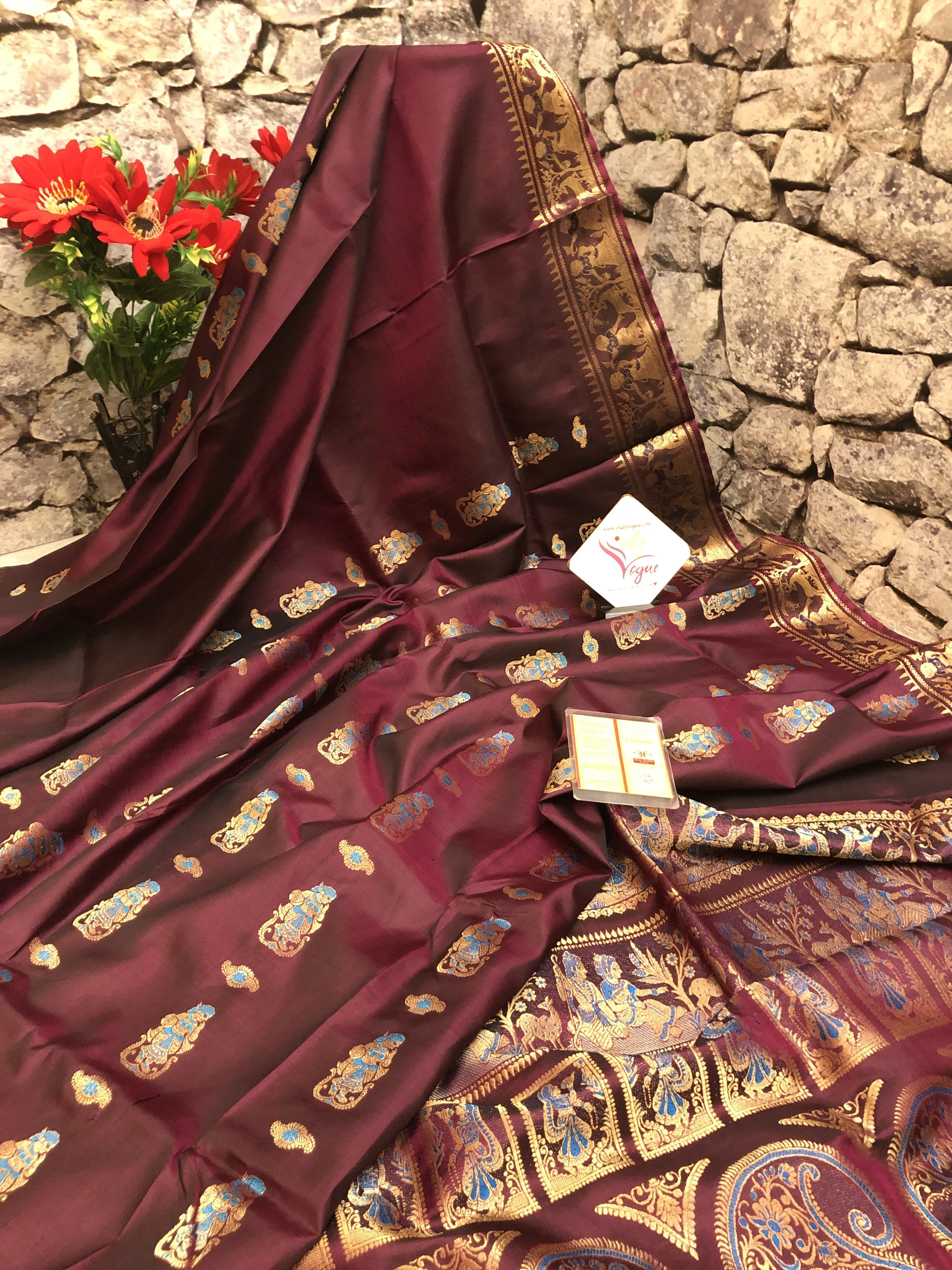 Dark Wine Color Pure Baluchari Silk Saree with Meenakari Work