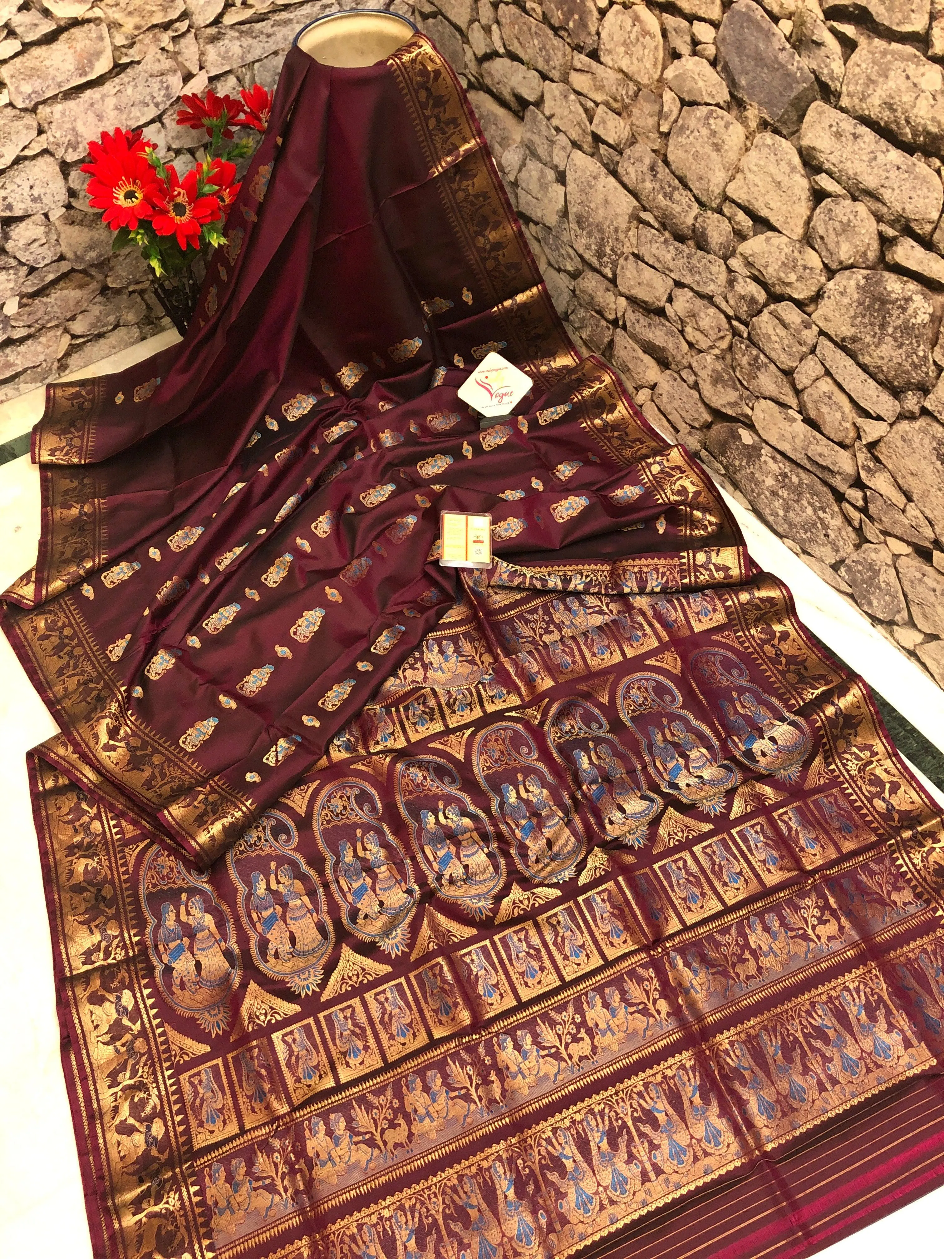 Dark Wine Color Pure Baluchari Silk Saree with Meenakari Work