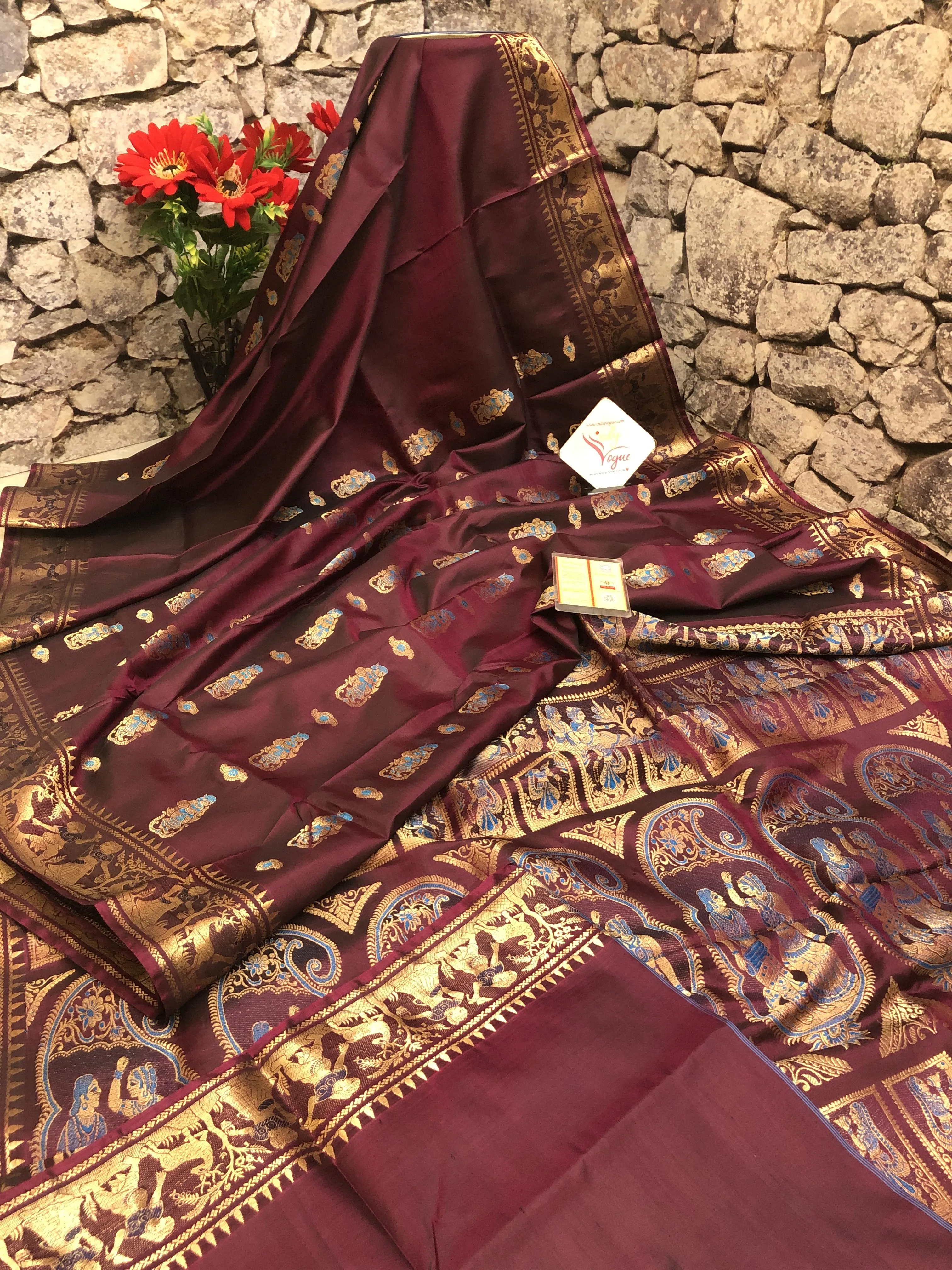 Dark Wine Color Pure Baluchari Silk Saree with Meenakari Work