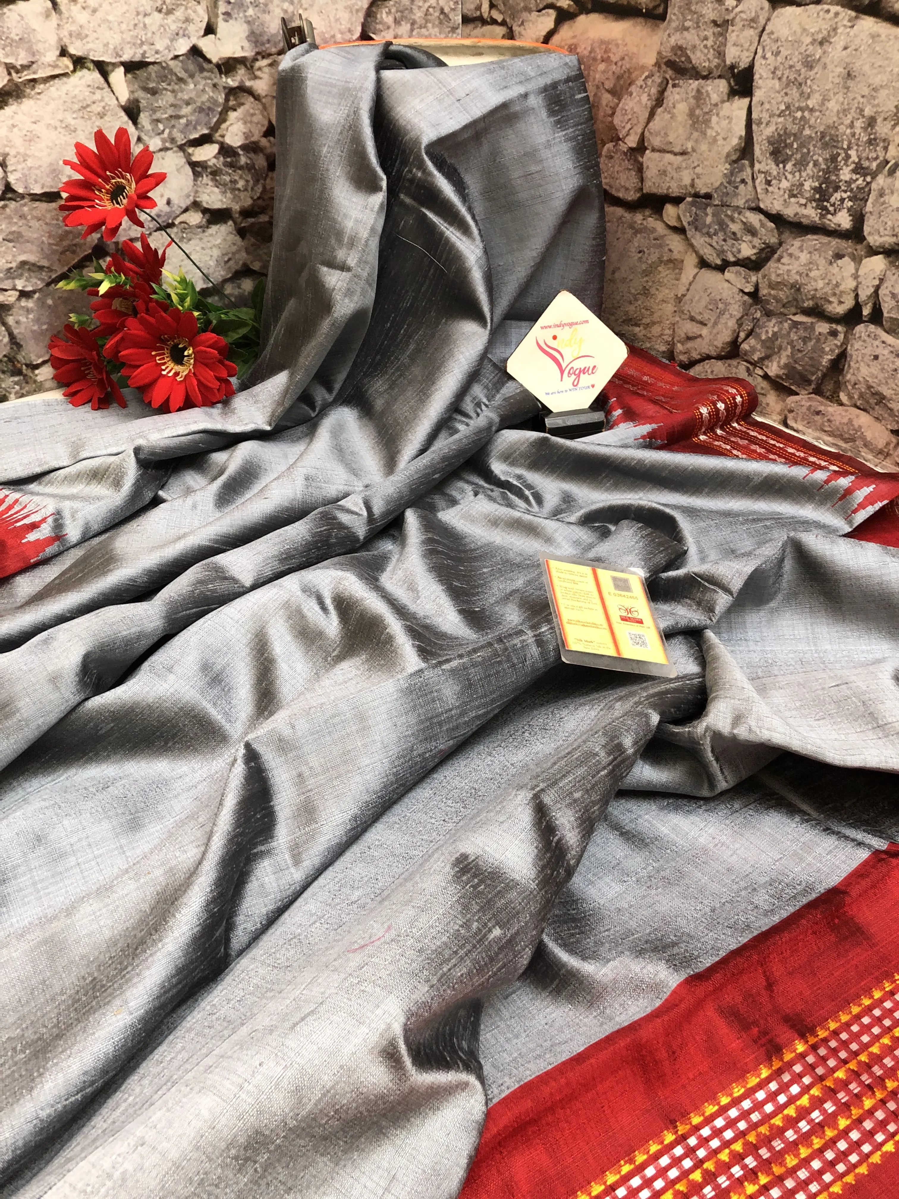 Deep Gray Color Raw Silk Saree with Vidarbha Border