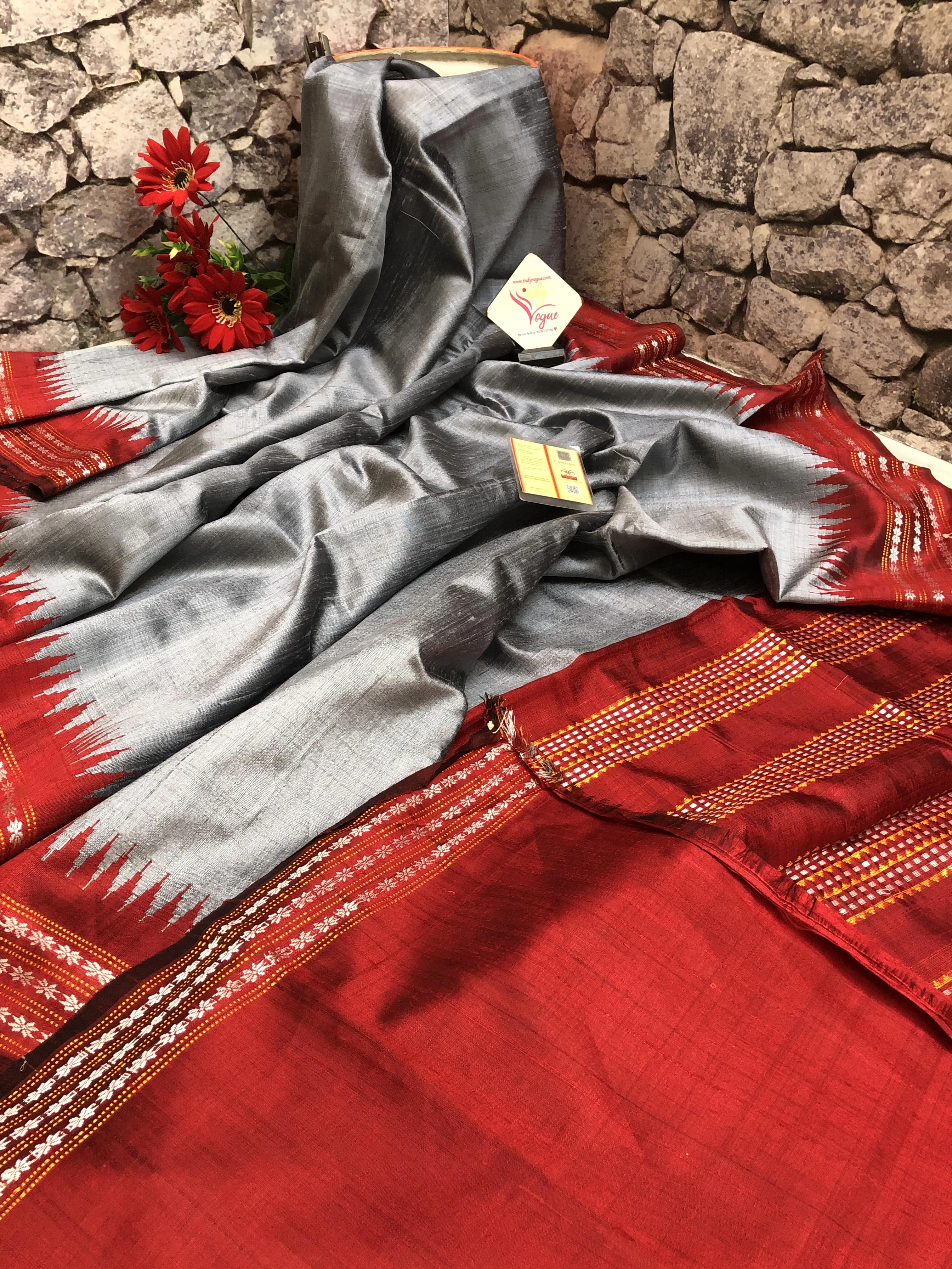 Deep Gray Color Raw Silk Saree with Vidarbha Border