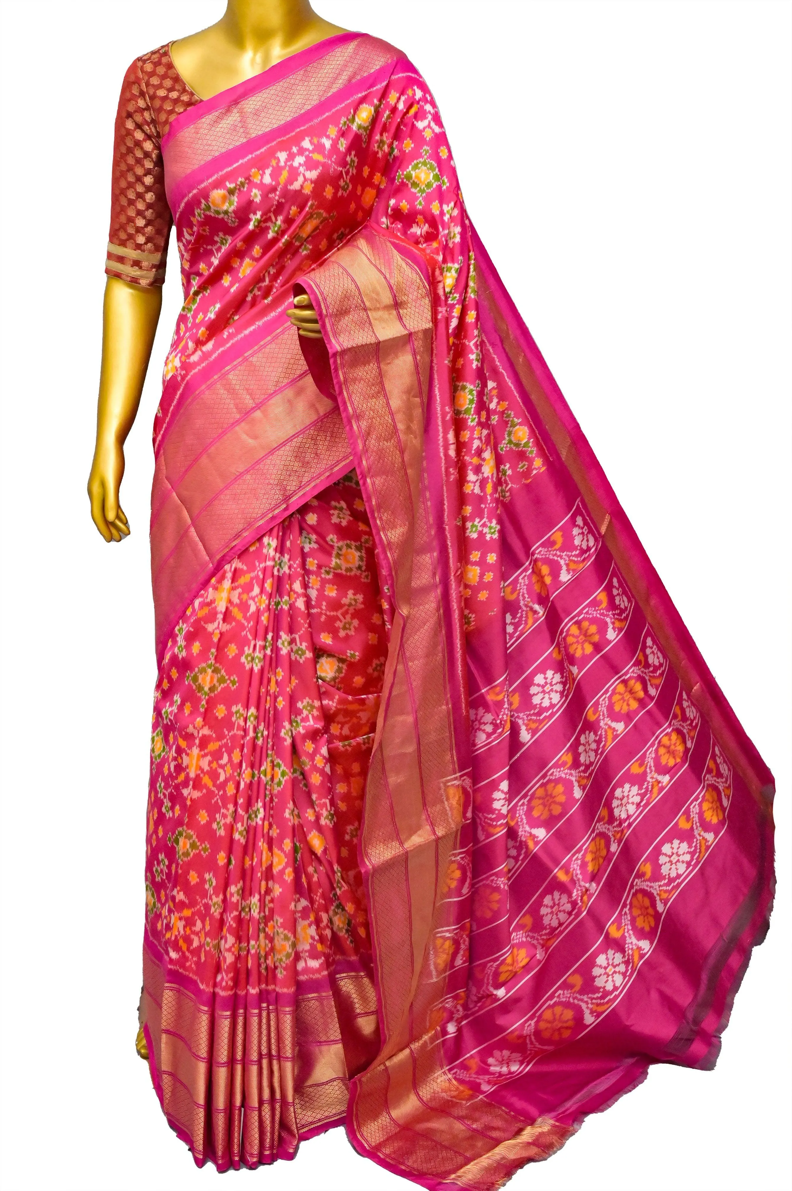 Deep Magenta Color Pure Ikat Silk Saree