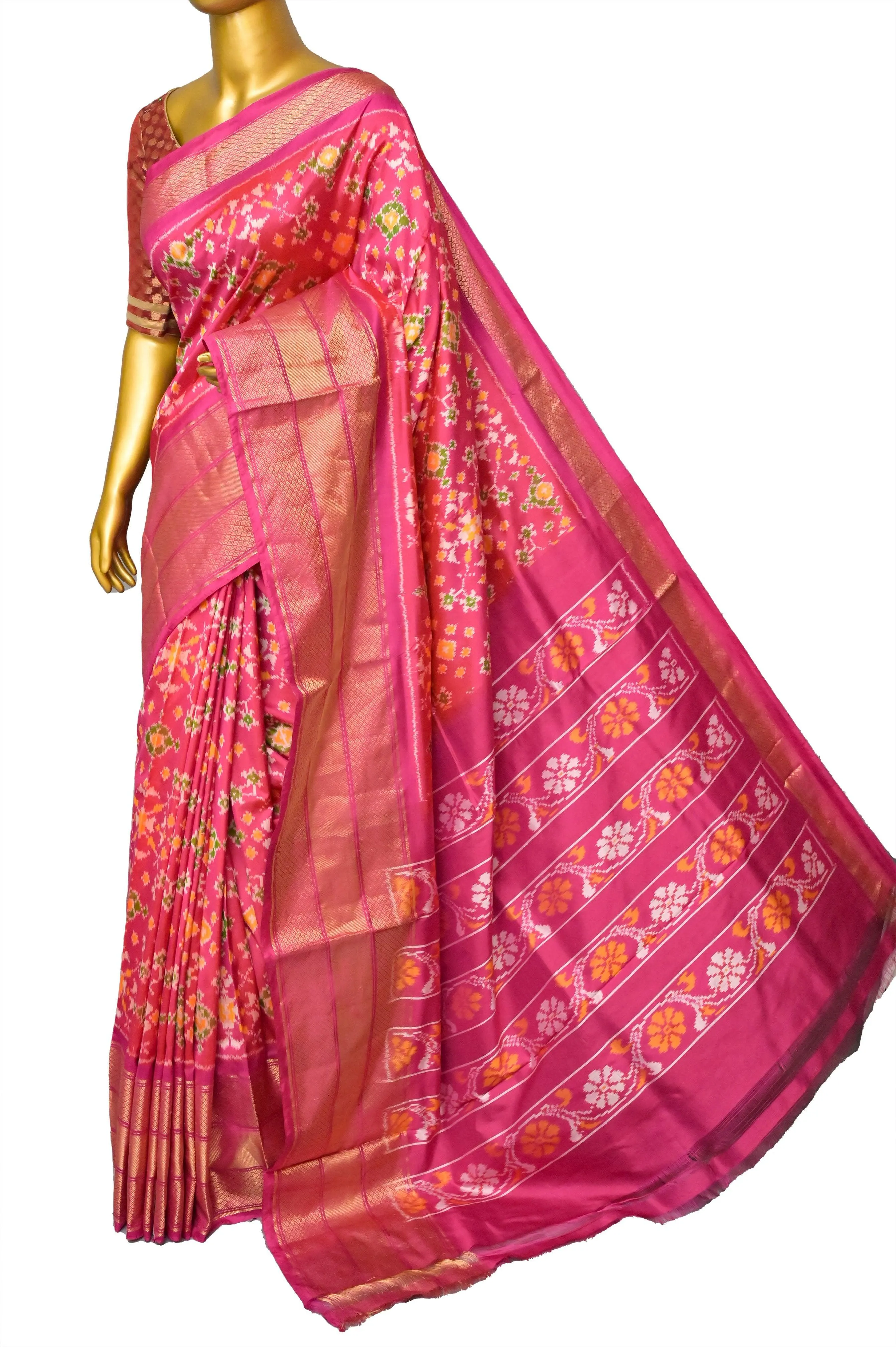 Deep Magenta Color Pure Ikat Silk Saree