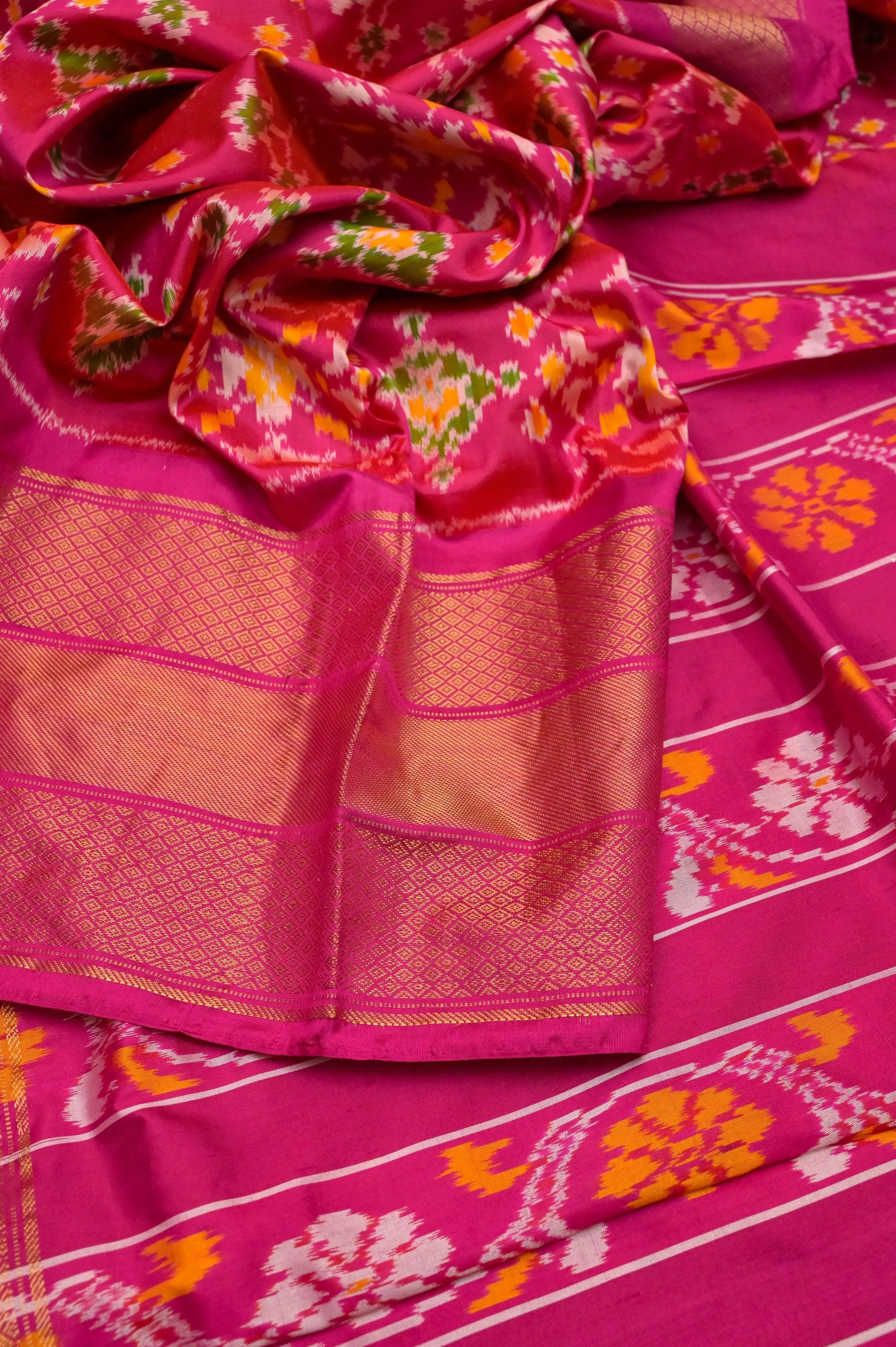 Deep Magenta Color Pure Ikat Silk Saree