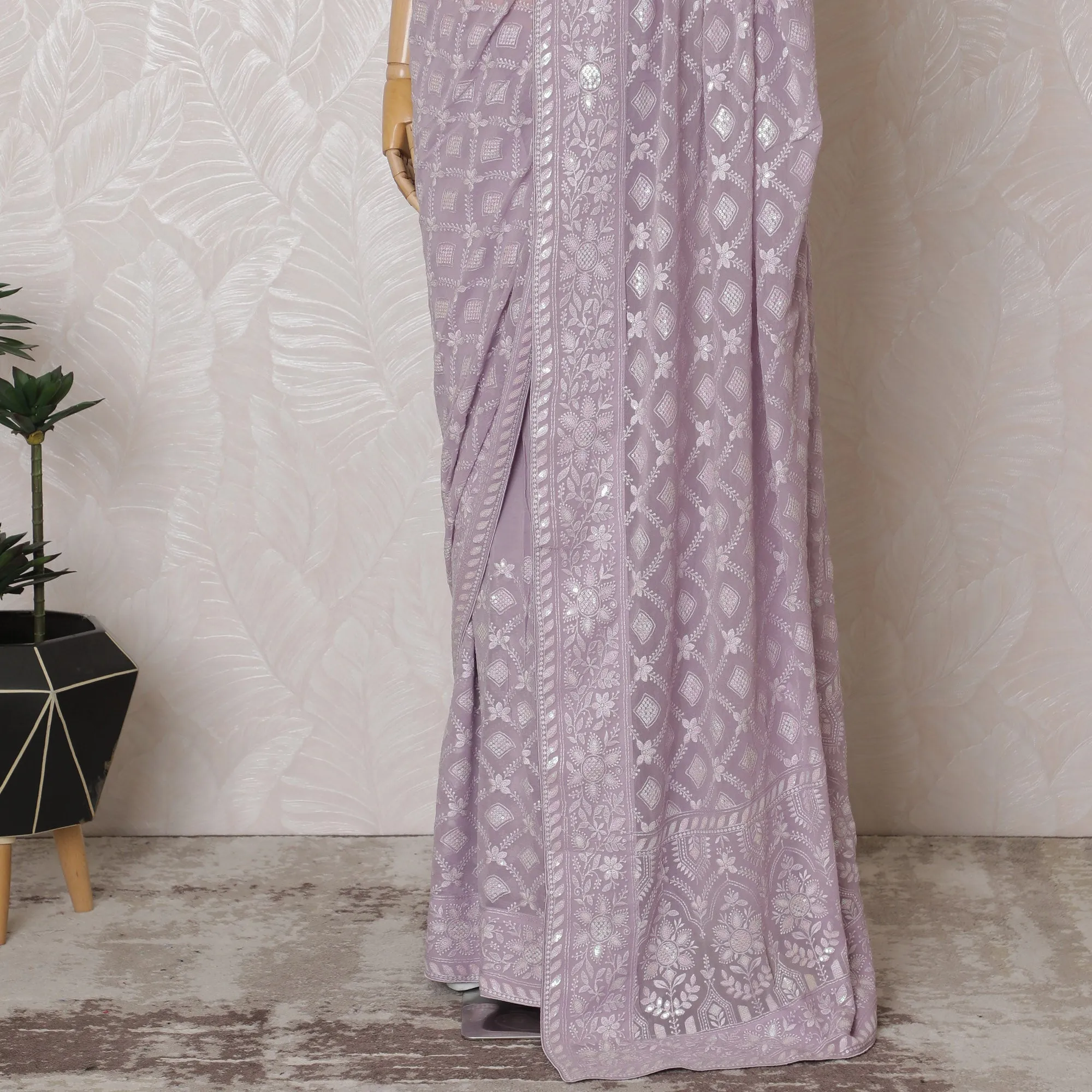 Elegant Lilac Georgette Chiffon Saree with White Embroidery,110 cm Width, 5.5 Meters Piece-D19483