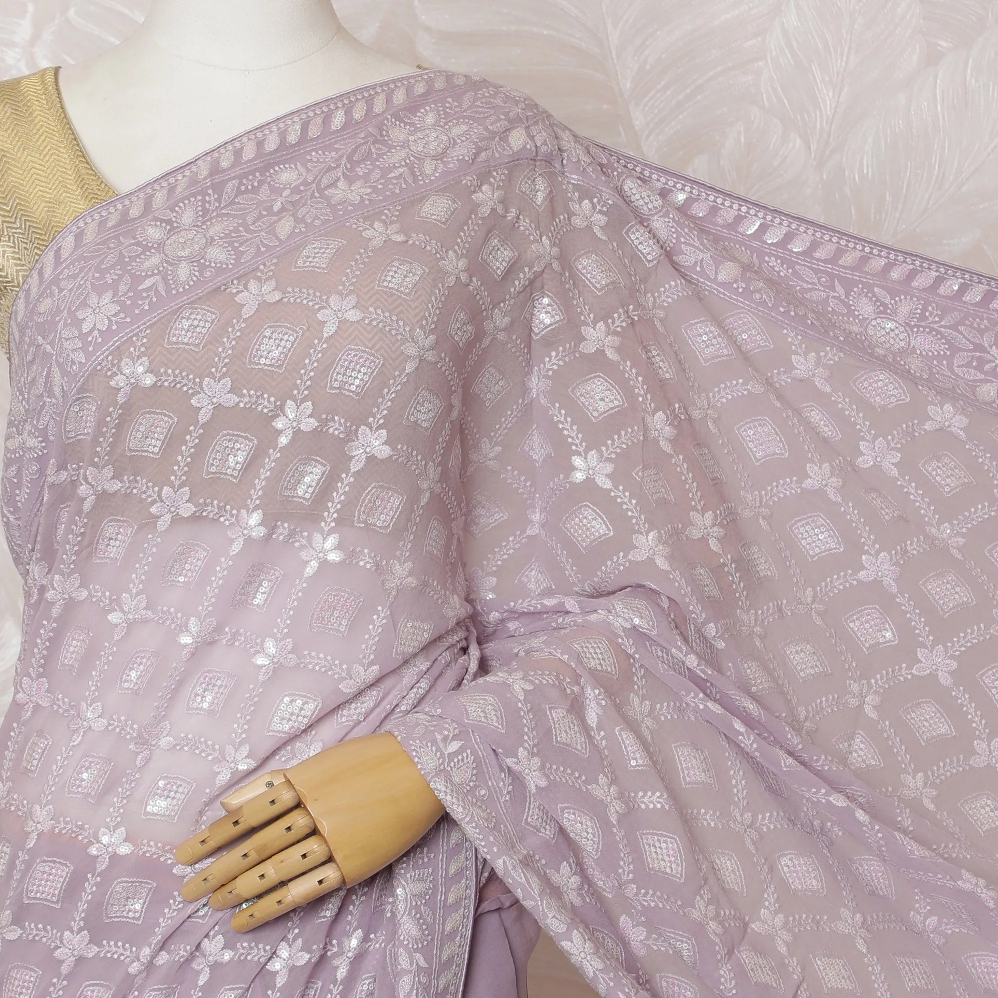 Elegant Lilac Georgette Chiffon Saree with White Embroidery,110 cm Width, 5.5 Meters Piece-D19483