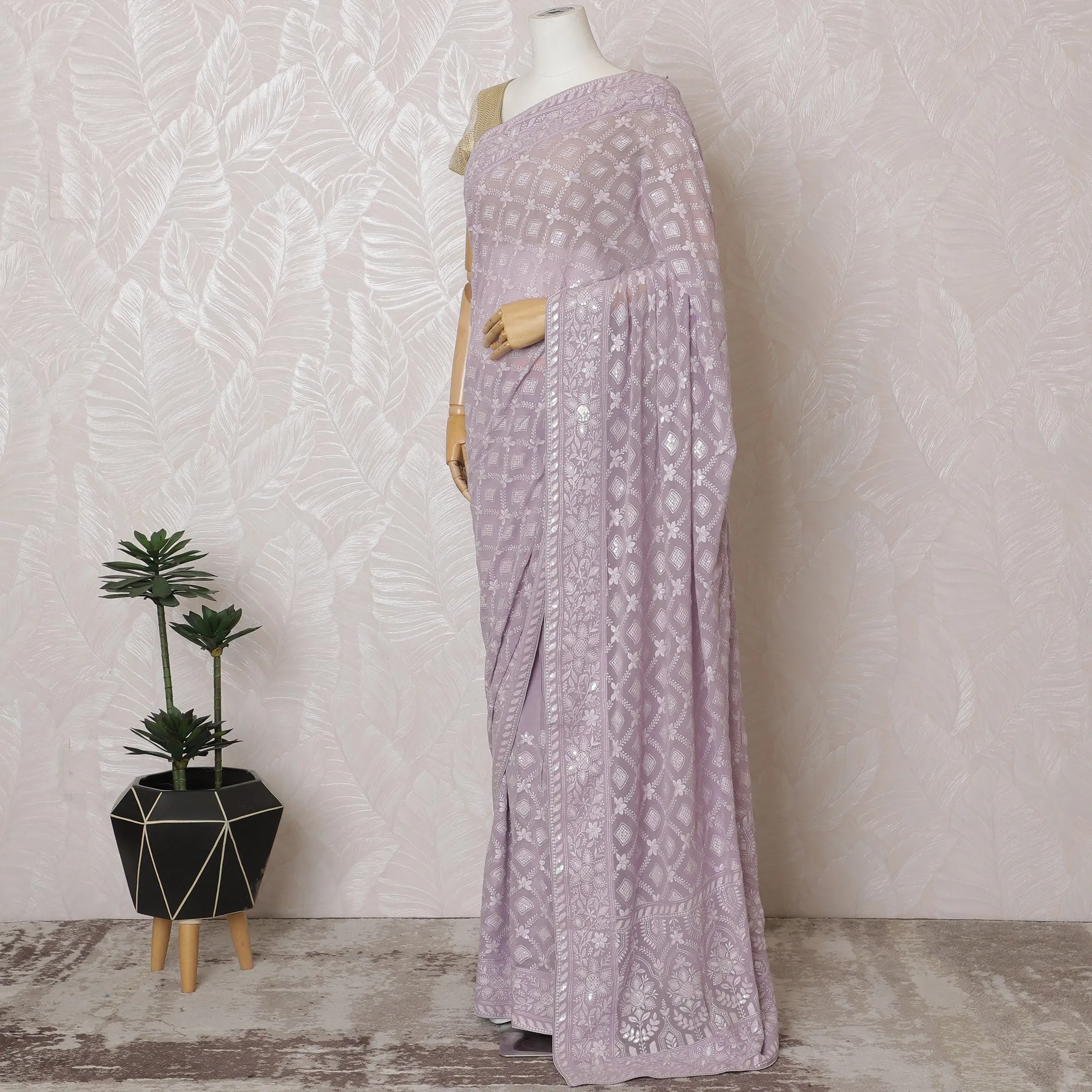 Elegant Lilac Georgette Chiffon Saree with White Embroidery,110 cm Width, 5.5 Meters Piece-D19483