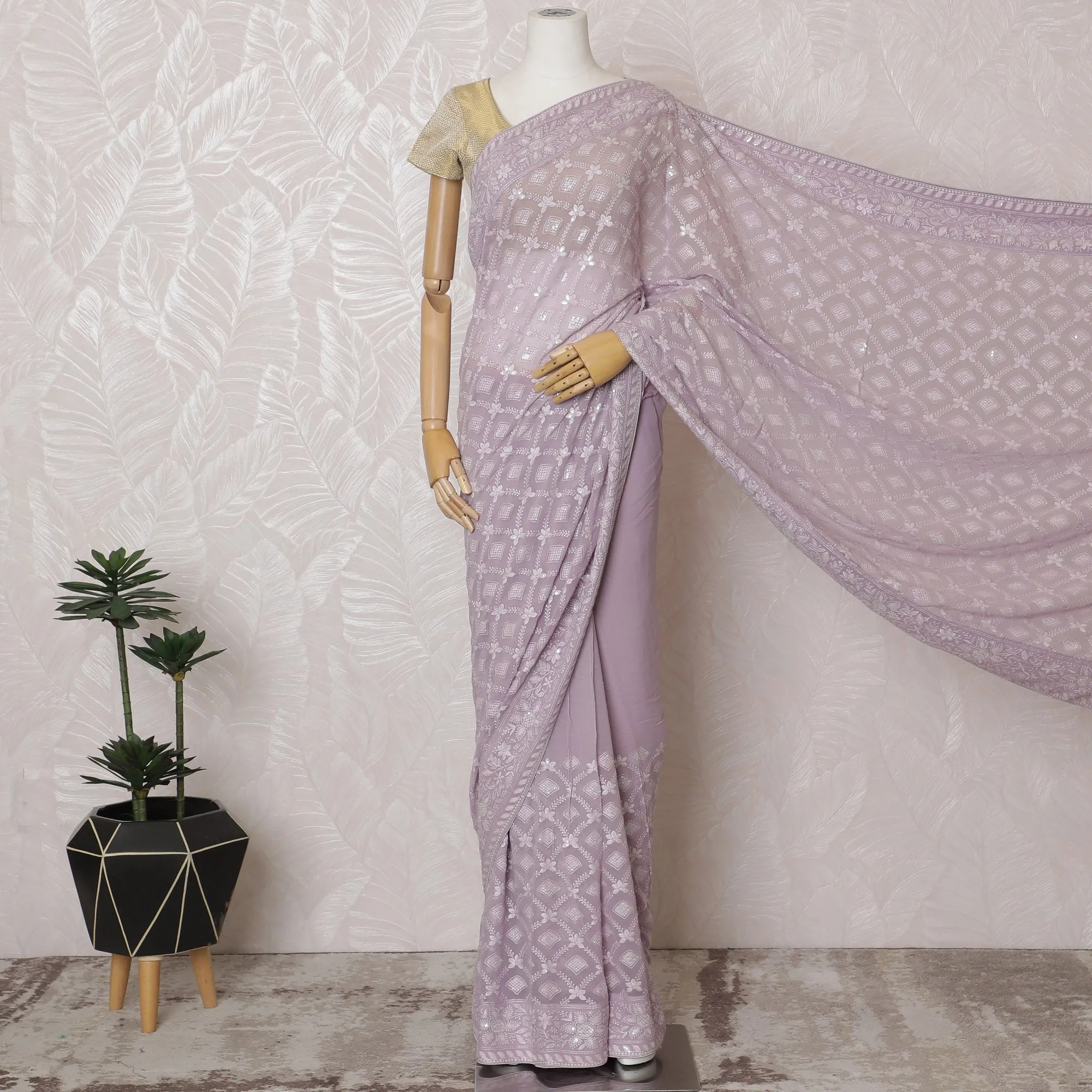 Elegant Lilac Georgette Chiffon Saree with White Embroidery,110 cm Width, 5.5 Meters Piece-D19483