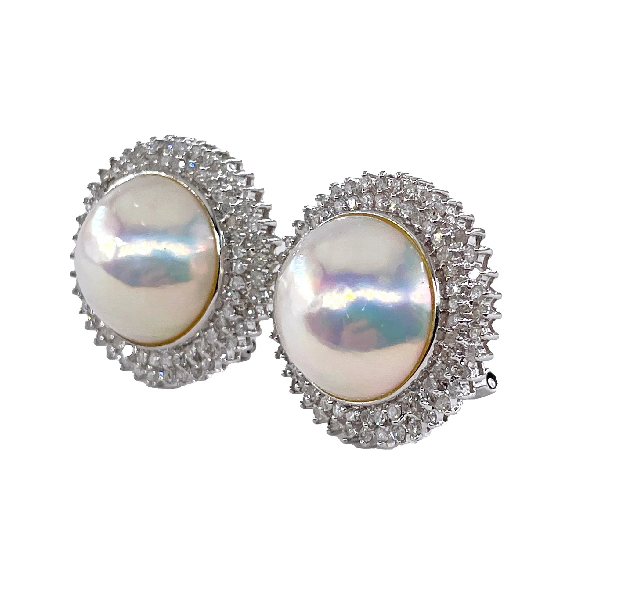 Estate Vintage 14k White Gold Mabe Pearl 2.0ct Diamond Double Halo Earrings