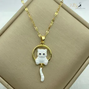 Ivory Enameled Bushy Tailed Kitten Necklace - Gold Plated