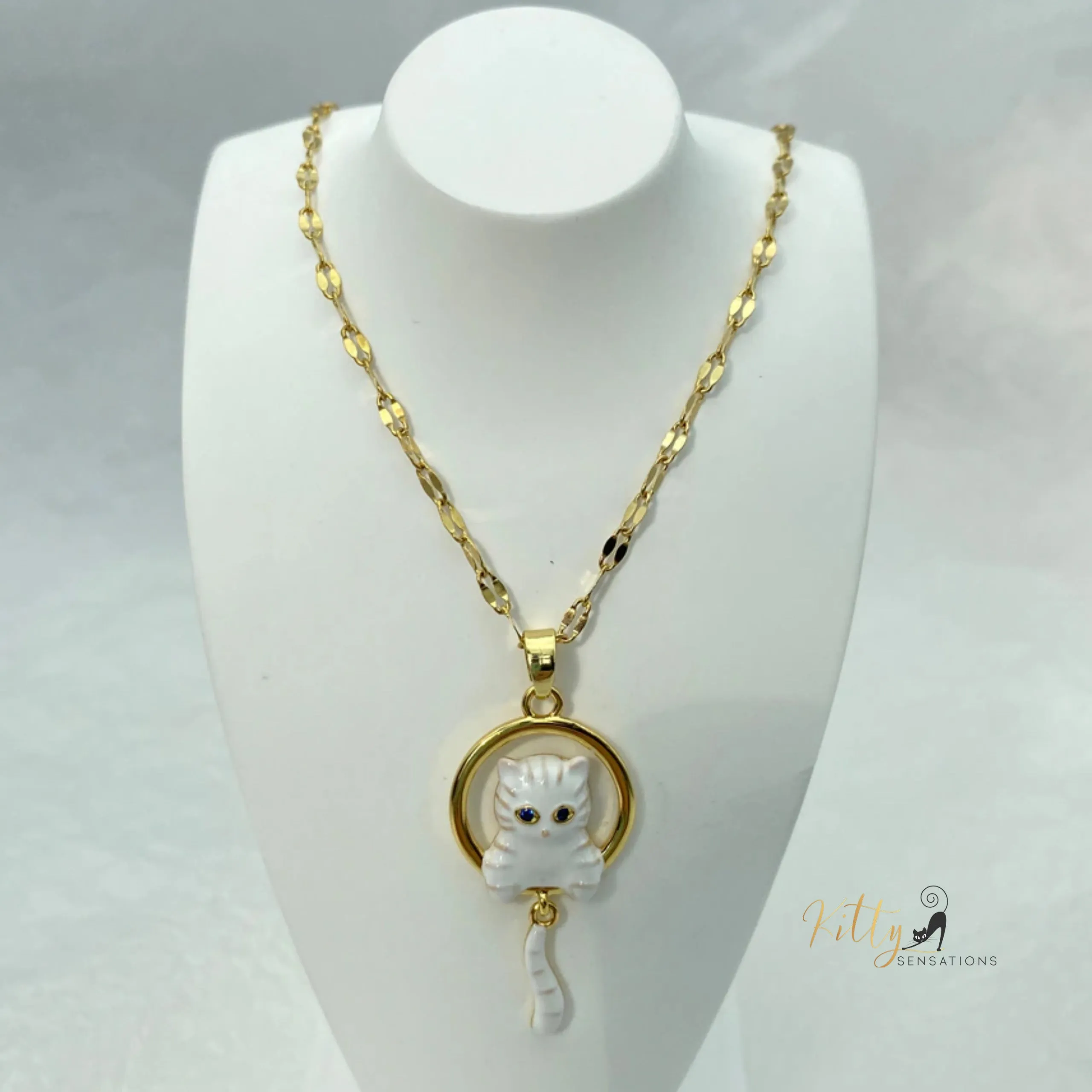 Ivory Enameled Bushy Tailed Kitten Necklace - Gold Plated