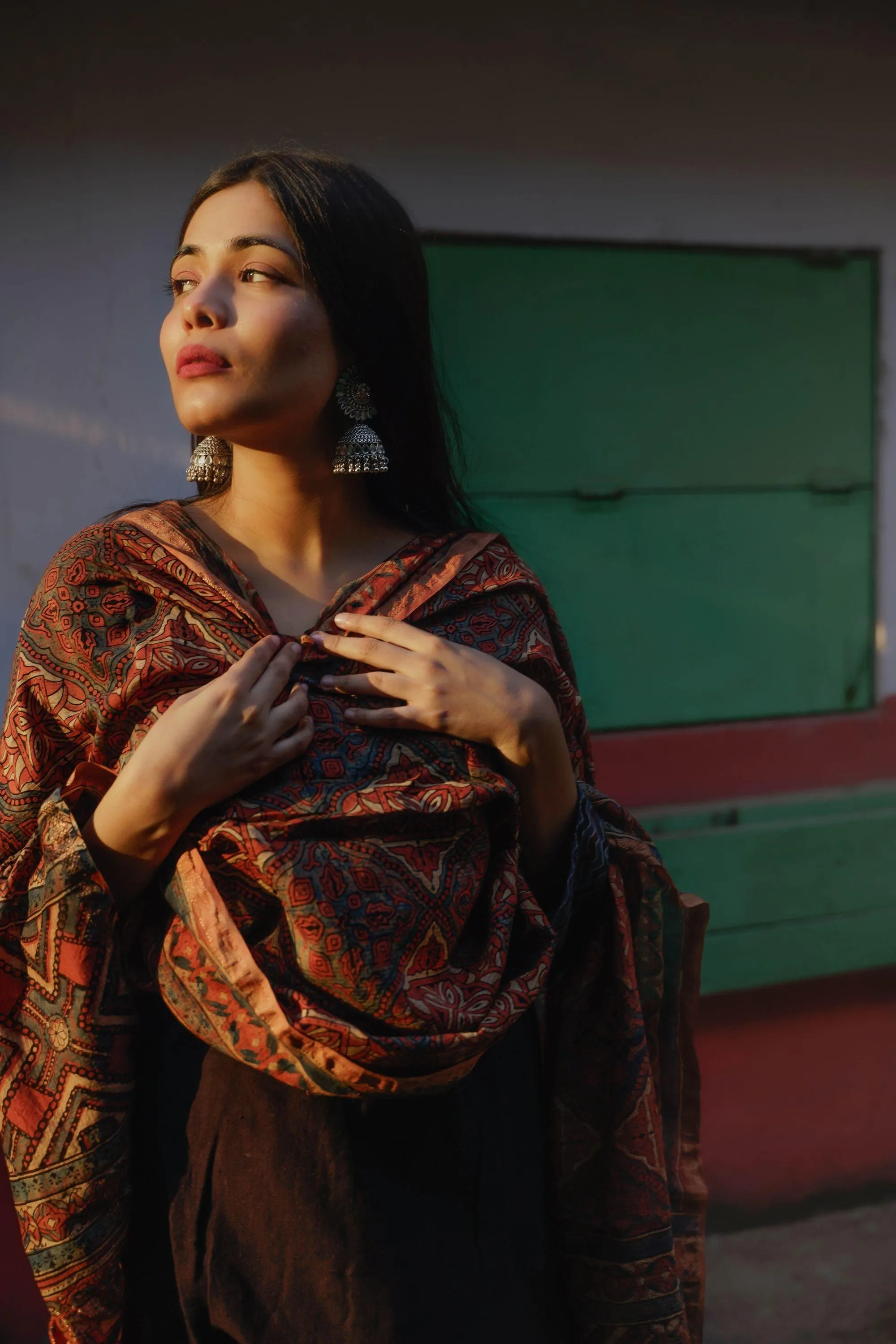 Kaisori Ajrakh Triad Red and Brown Silk cotton dupatta