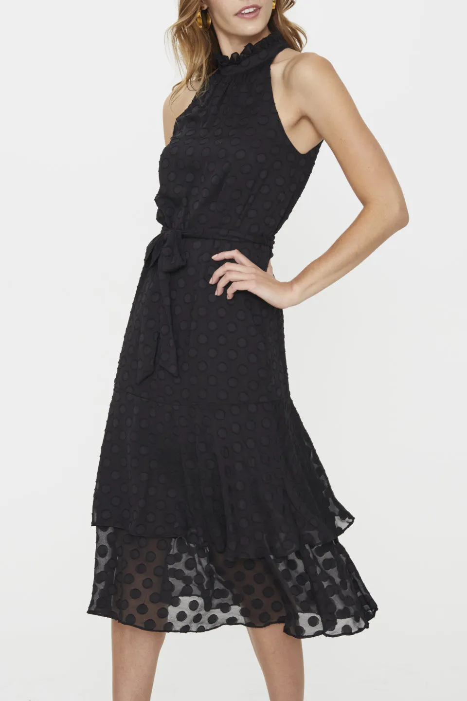 Manhattan High Neck Frill Sheer Spot Dress