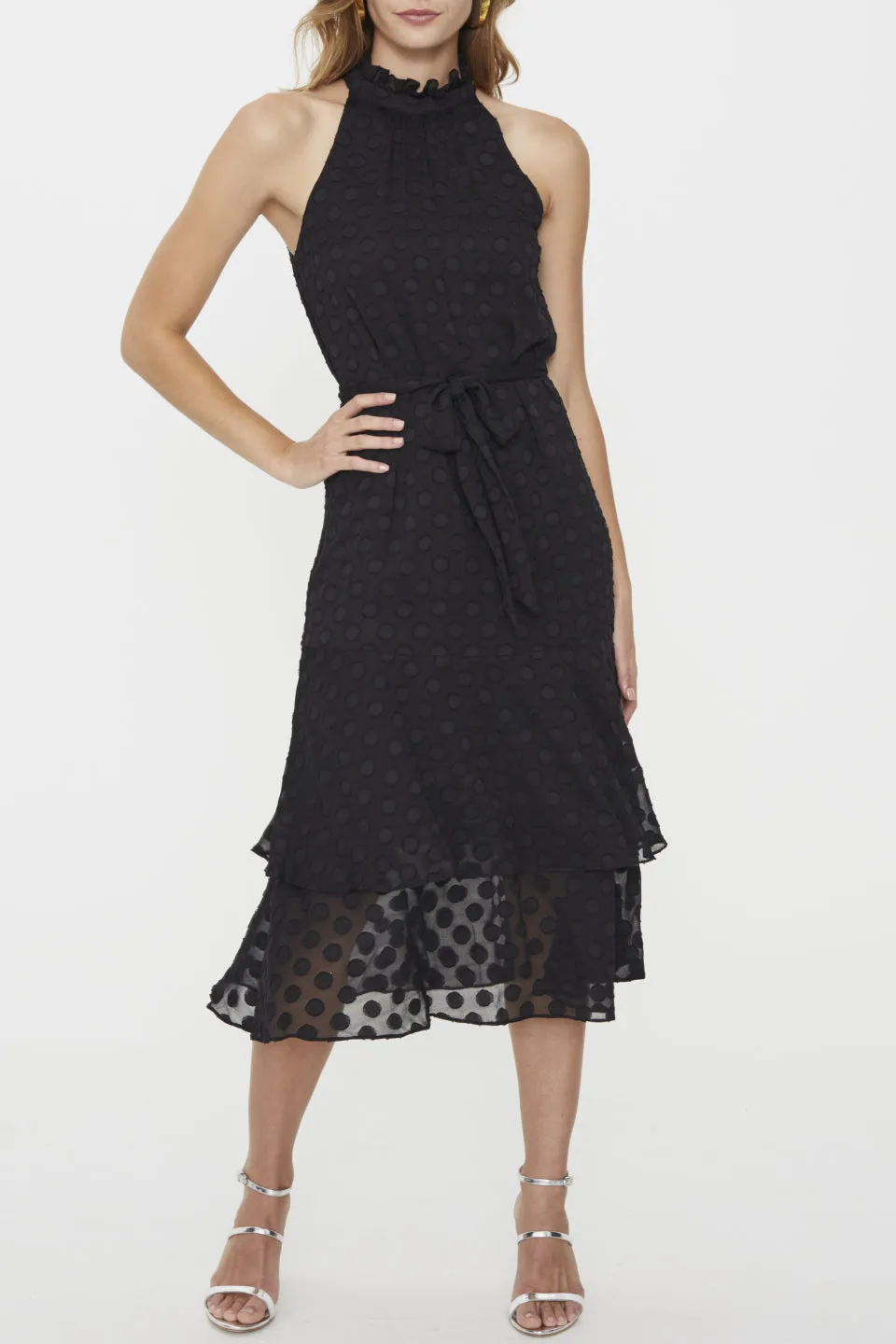 Manhattan High Neck Frill Sheer Spot Dress