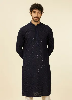 Manyawar Dark Blue Grid Patterned Chikankari Kurta Set