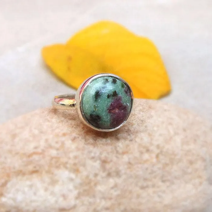 Natural Ruby Zoisite Ring, Round shape Ruby Zoisite gemstone ring Sterling Silver Ring Healing Gemstones Artisan Ring Ruby Silver Ring