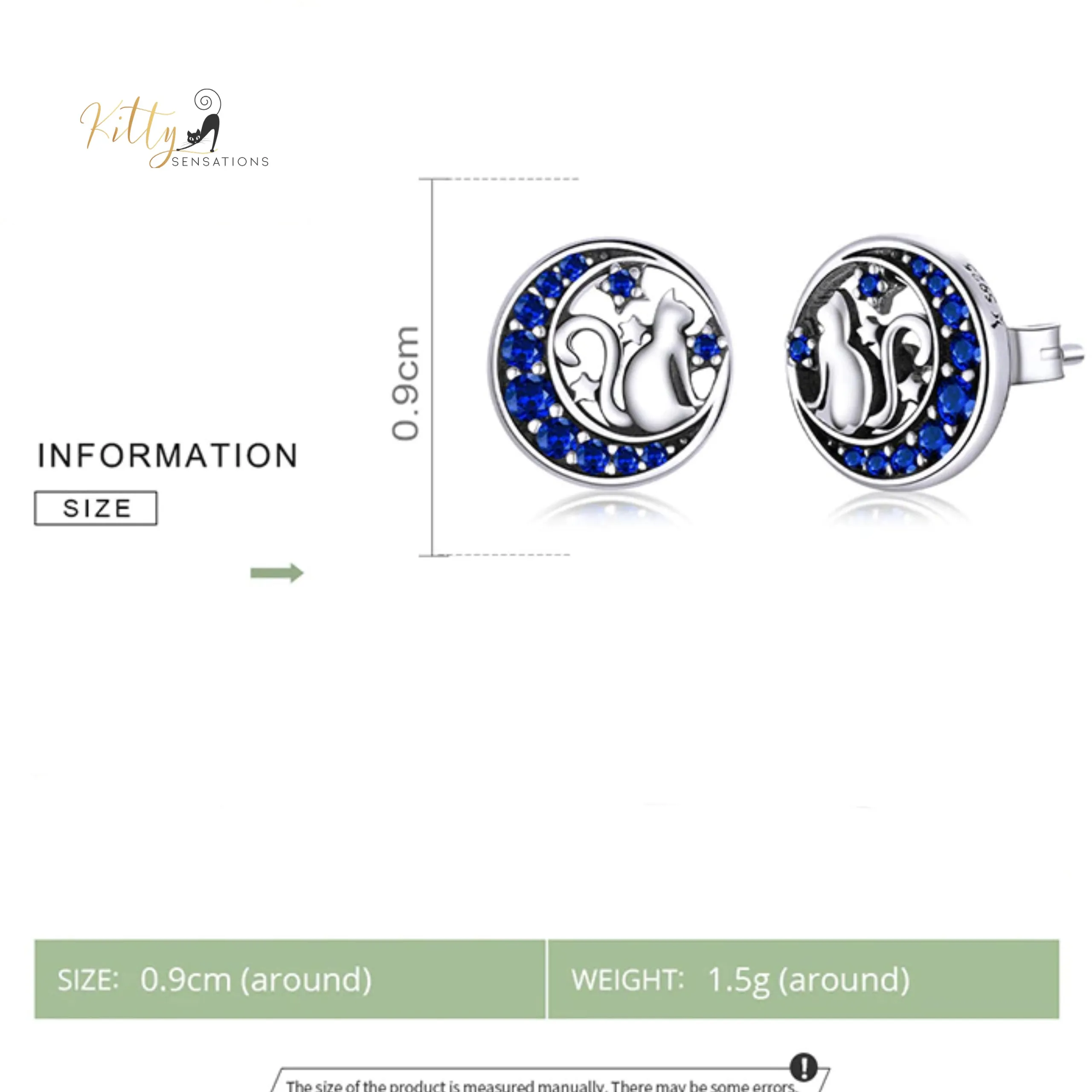 Regal Blue Moon Cat Stud Earrings in Solid 925 Sterling Silver