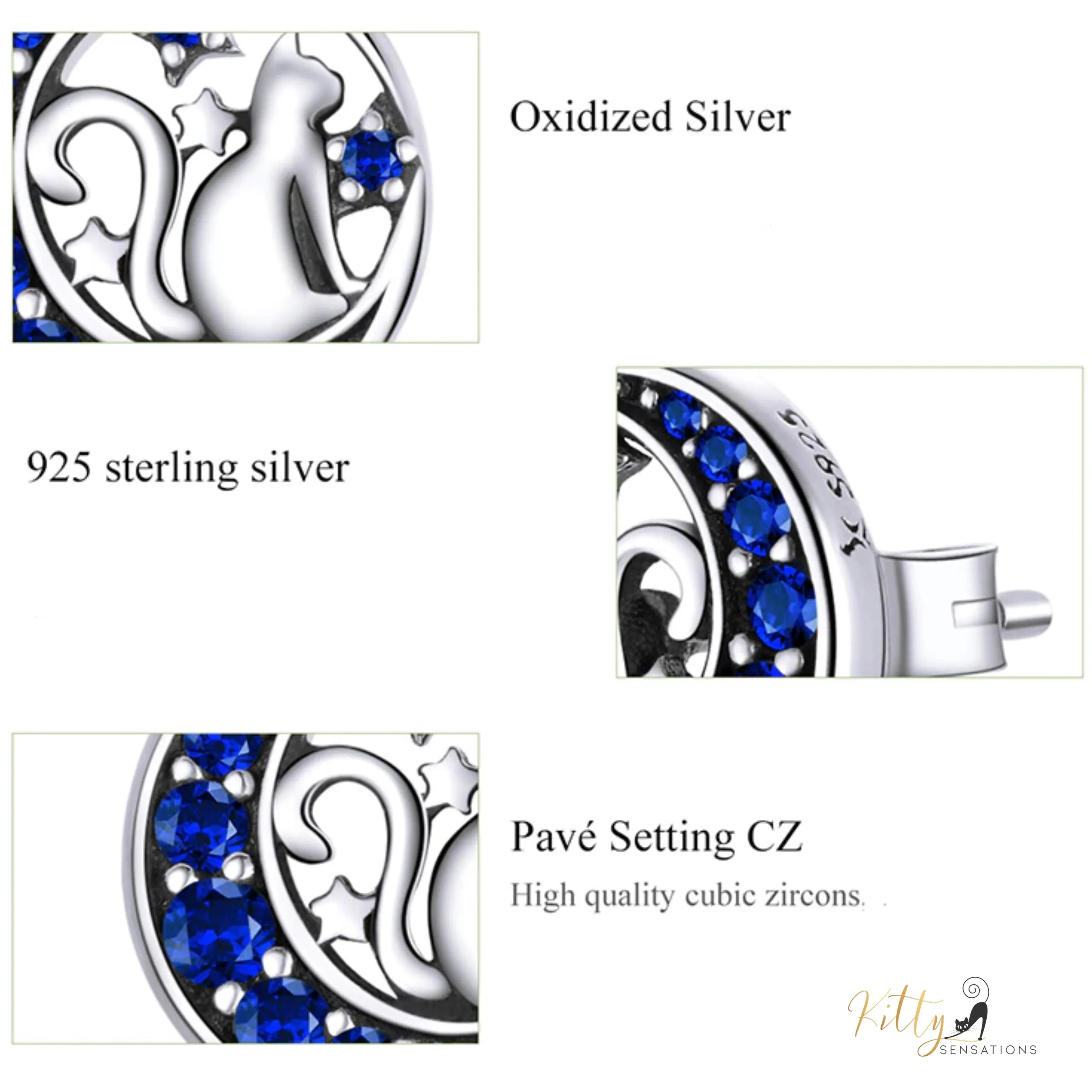 Regal Blue Moon Cat Stud Earrings in Solid 925 Sterling Silver