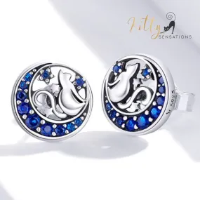 Regal Blue Moon Cat Stud Earrings in Solid 925 Sterling Silver