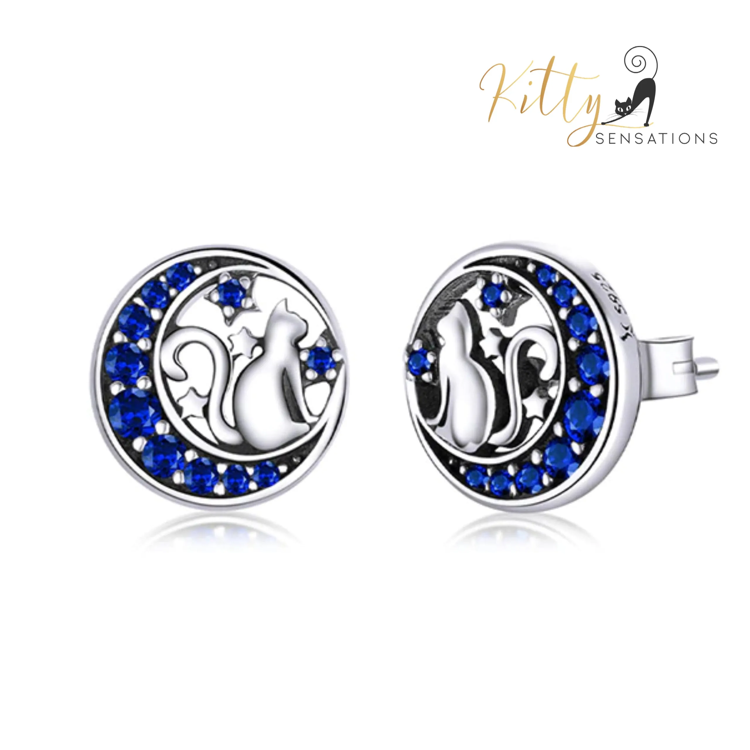 Regal Blue Moon Cat Stud Earrings in Solid 925 Sterling Silver