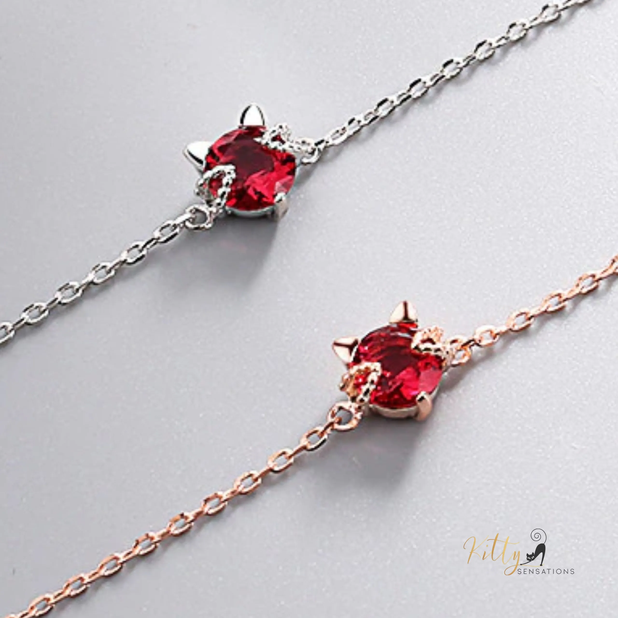 Ruby Red Cat Bracelet in Solid 925 Sterling Silver - Adjustable Length