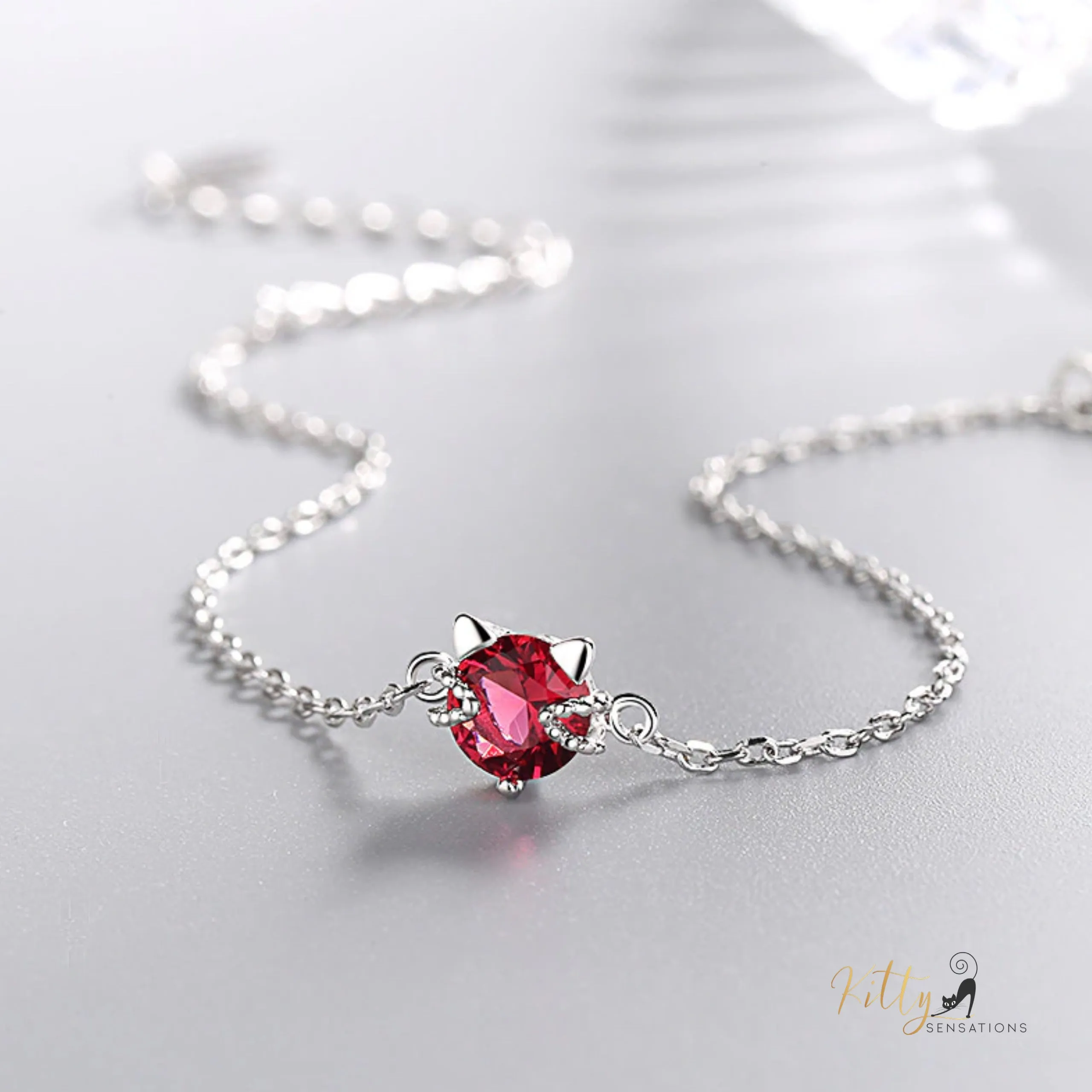 Ruby Red Cat Bracelet in Solid 925 Sterling Silver - Adjustable Length