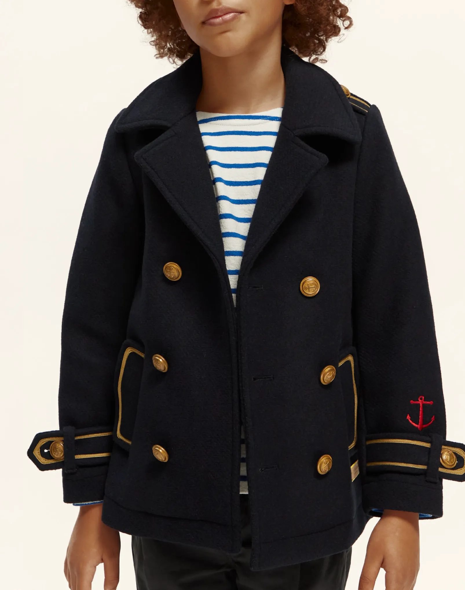 SCOTCH AND SODA FW23 Double Breasted Pea Coat Jacket with Marine Buttons Detail