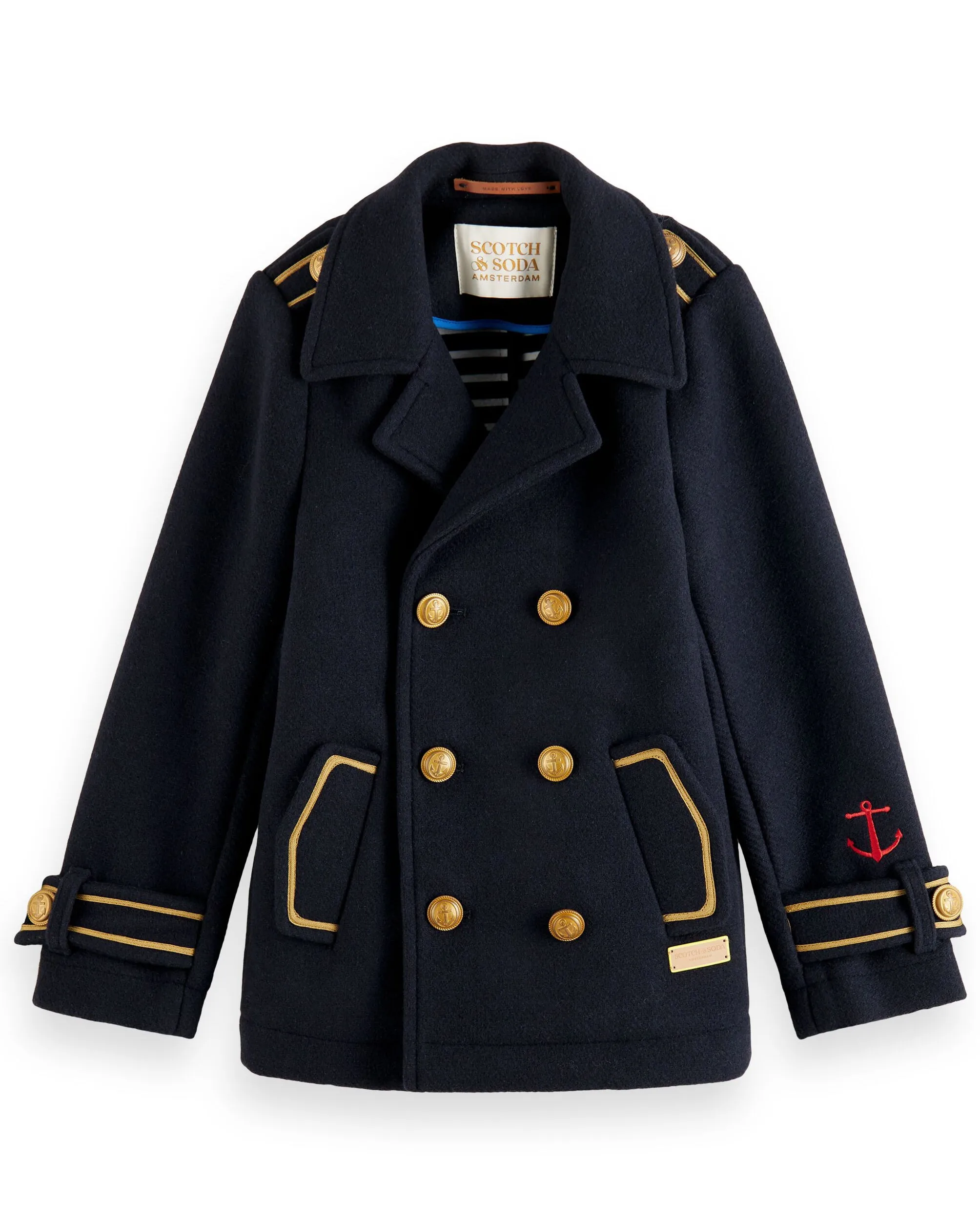 SCOTCH AND SODA FW23 Double Breasted Pea Coat Jacket with Marine Buttons Detail