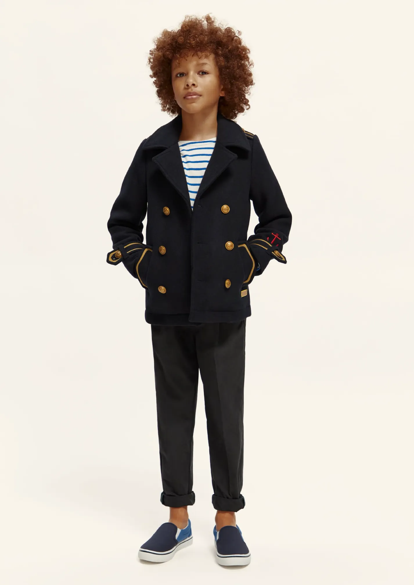 SCOTCH AND SODA FW23 Double Breasted Pea Coat Jacket with Marine Buttons Detail